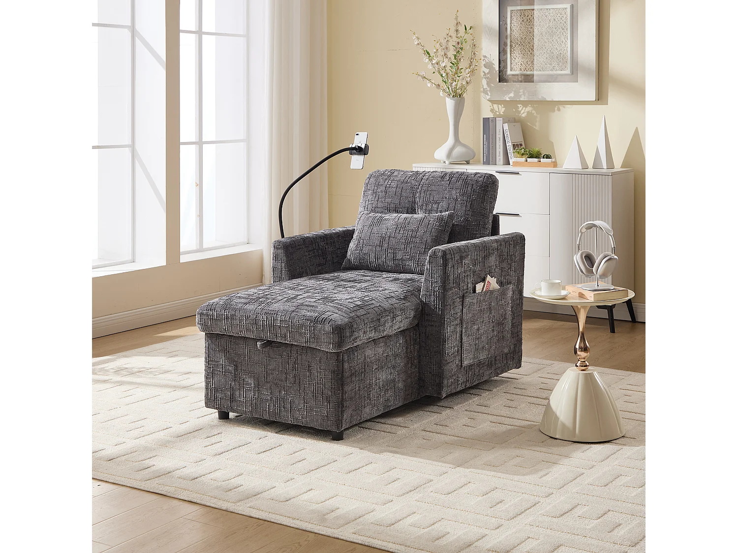 Canapé 1 place avec 2 poches latérales - Canapé de salon avec support pour téléphone et rangement dissimulé - chenille gris