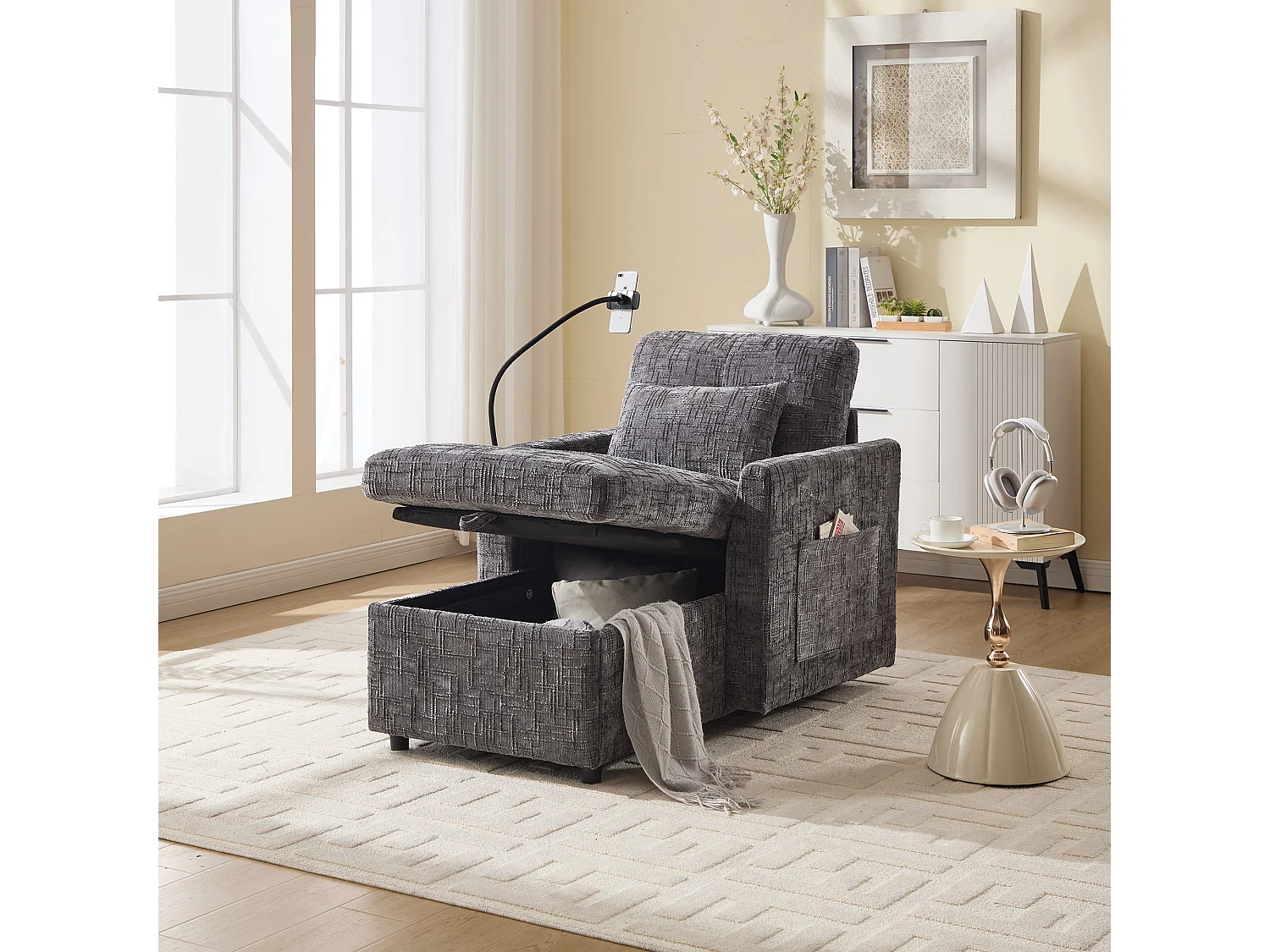 Canapé 1 place avec 2 poches latérales - Canapé de salon avec support pour téléphone et rangement dissimulé - chenille gris