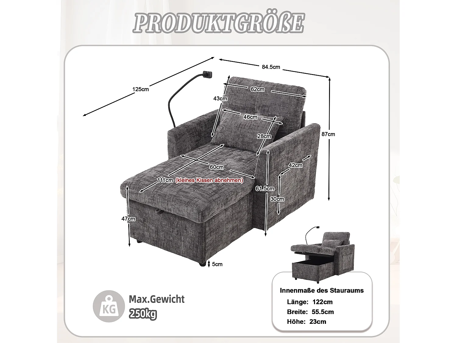Canapé 1 place avec 2 poches latérales - Canapé de salon avec support pour téléphone et rangement dissimulé - chenille gris