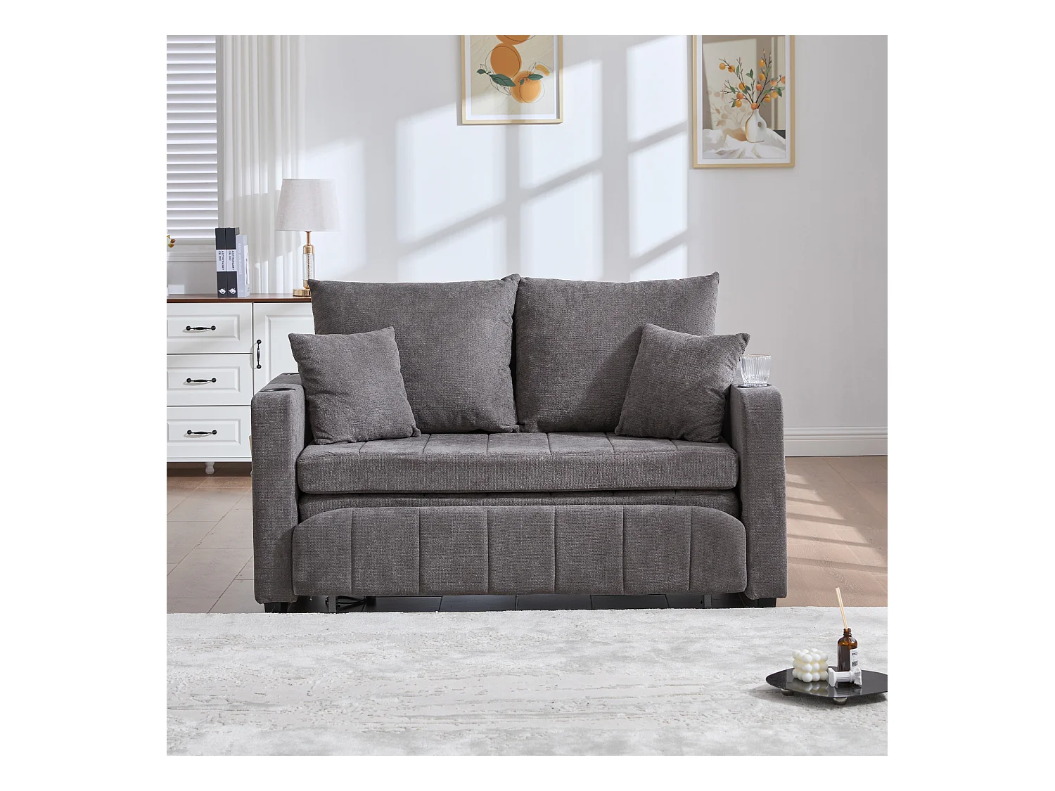 Canapé 2 places avec 4 coussins - Canapé relaxation avec porte-gobelet et poches latérales - chenille gris