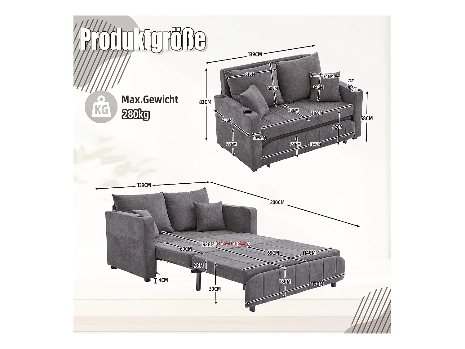 Canapé 2 places avec 4 coussins - Canapé relaxation avec porte-gobelet et poches latérales - chenille gris