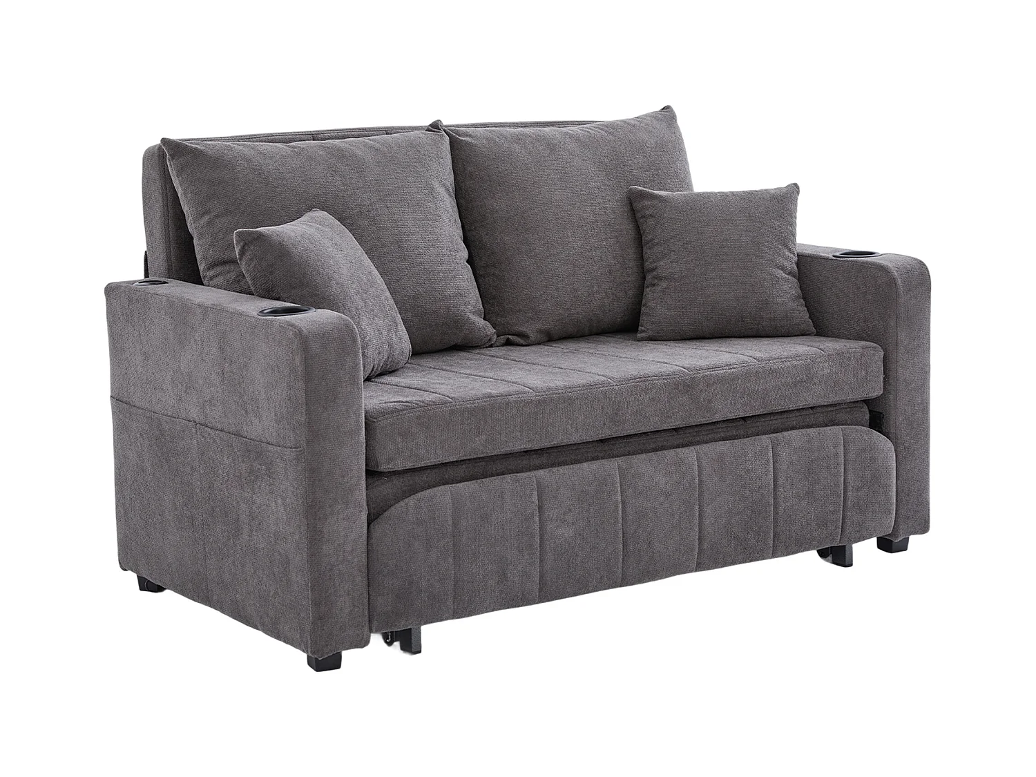 Canapé 2 places avec 4 coussins - Canapé relaxation avec porte-gobelet et poches latérales - chenille gris