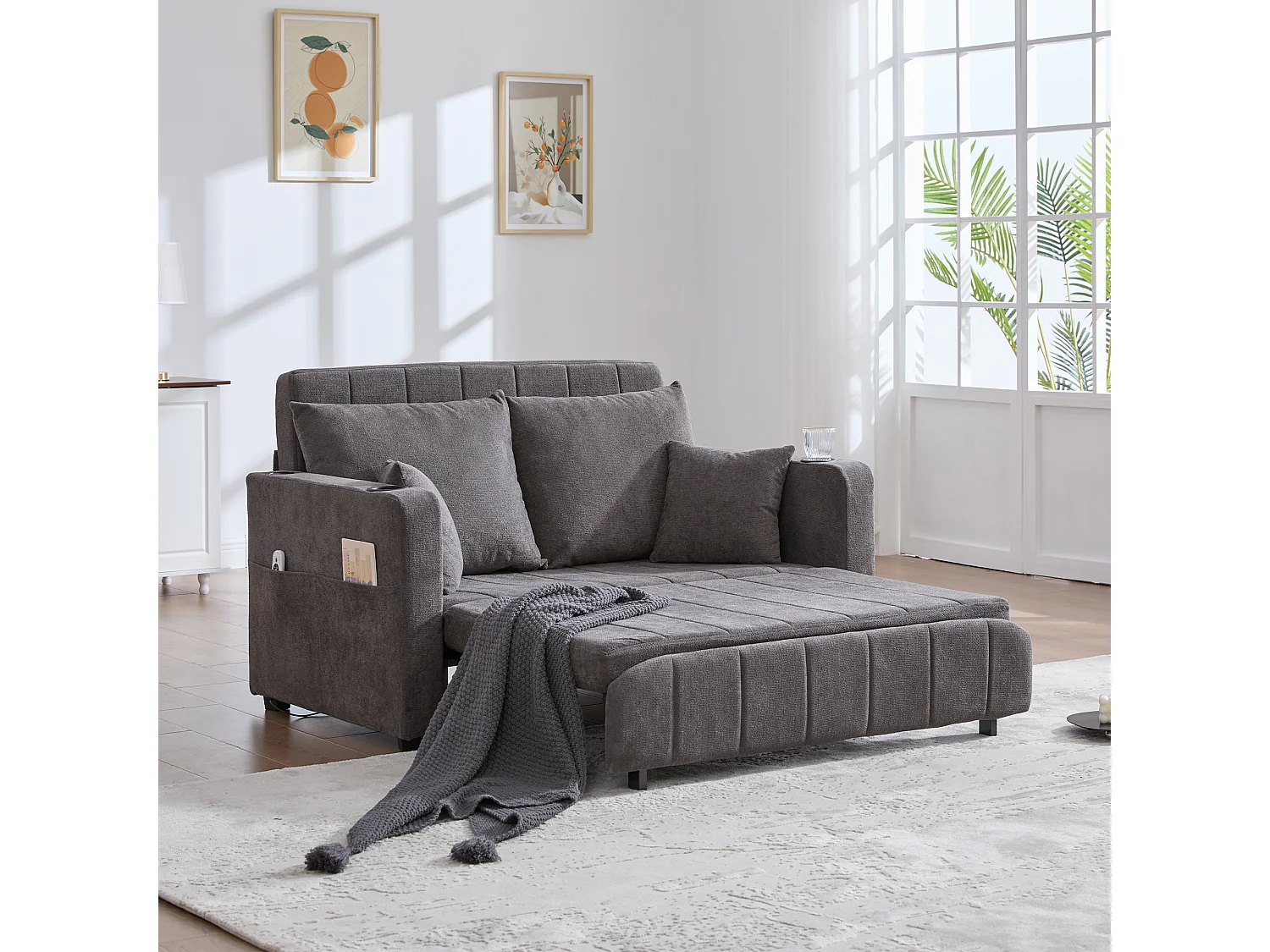 2-Sitzer-Sofa mit 4 Kissen – Entspannungssofa mit Getränkehalter und Seitentaschen – graues Chenille