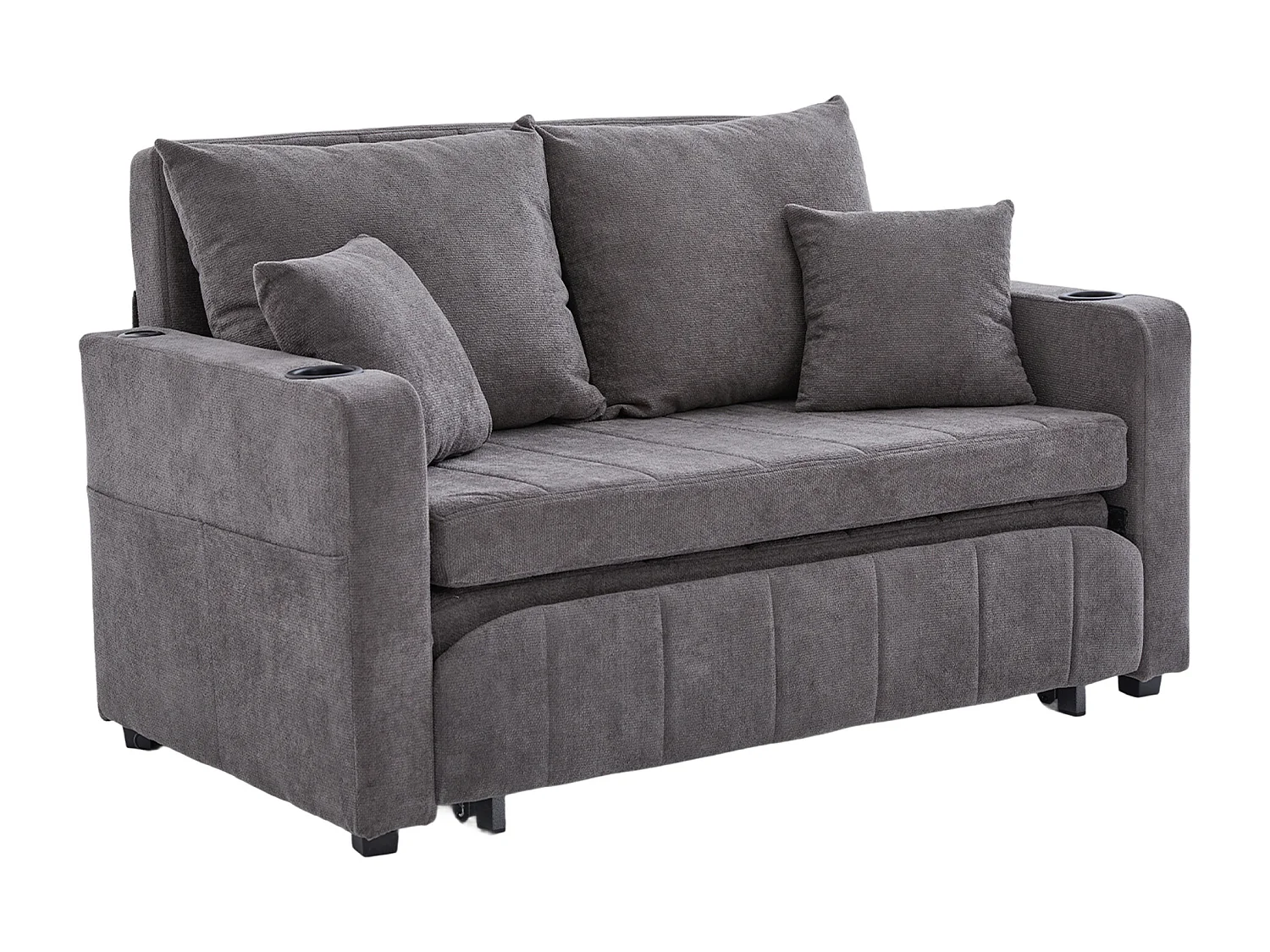 2-Sitzer-Sofa mit 4 Kissen – Entspannungssofa mit Getränkehalter und Seitentaschen – graues Chenille
