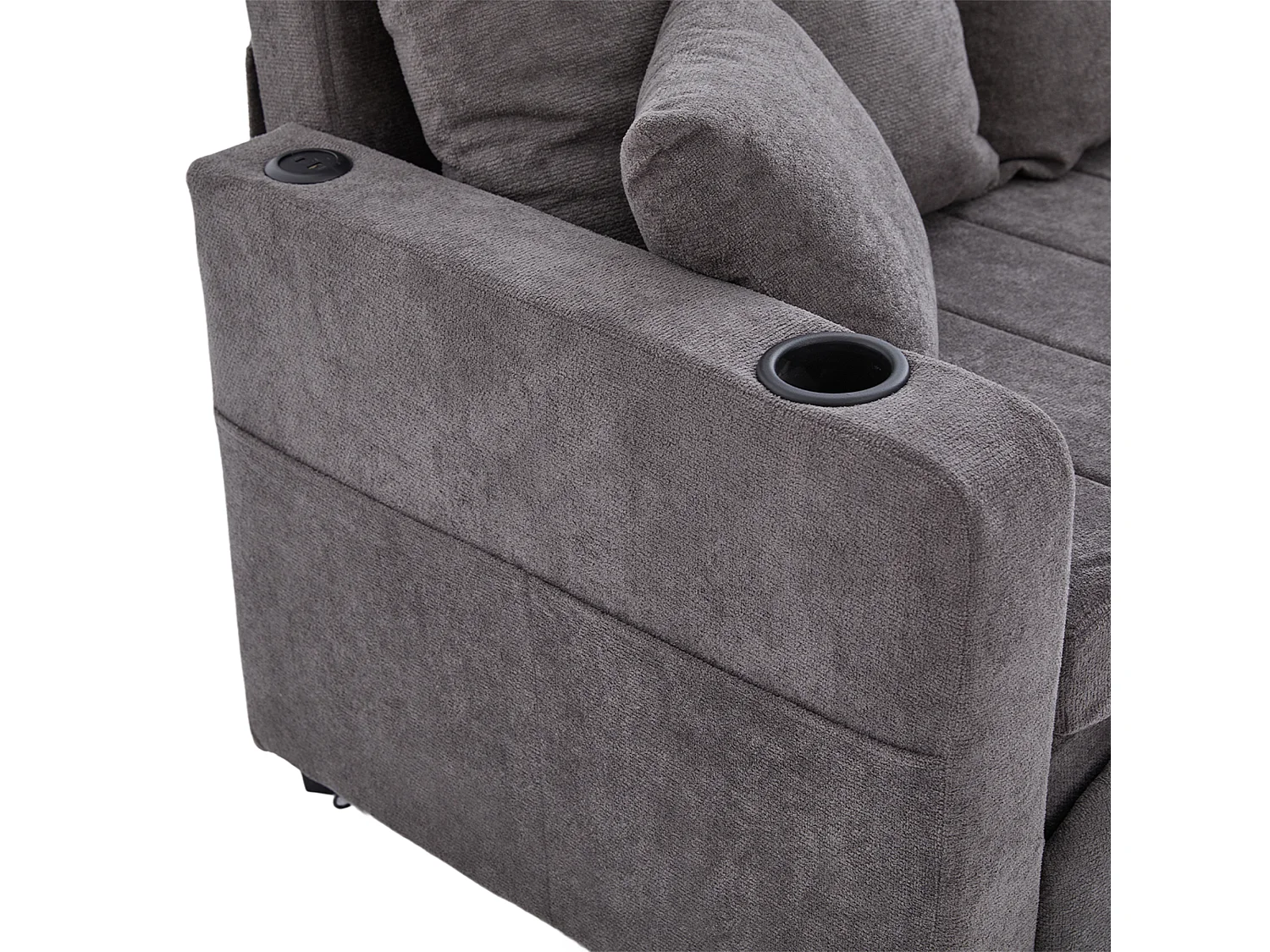 2-Sitzer-Sofa mit 4 Kissen – Entspannungssofa mit Getränkehalter und Seitentaschen – graues Chenille