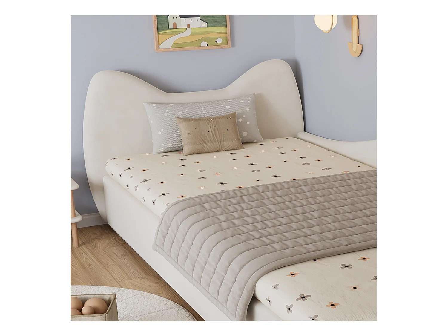 Lit coffre 90 x 200 cm - Lit simple avec tête de lit chat et panneau latéral droit - velours beige