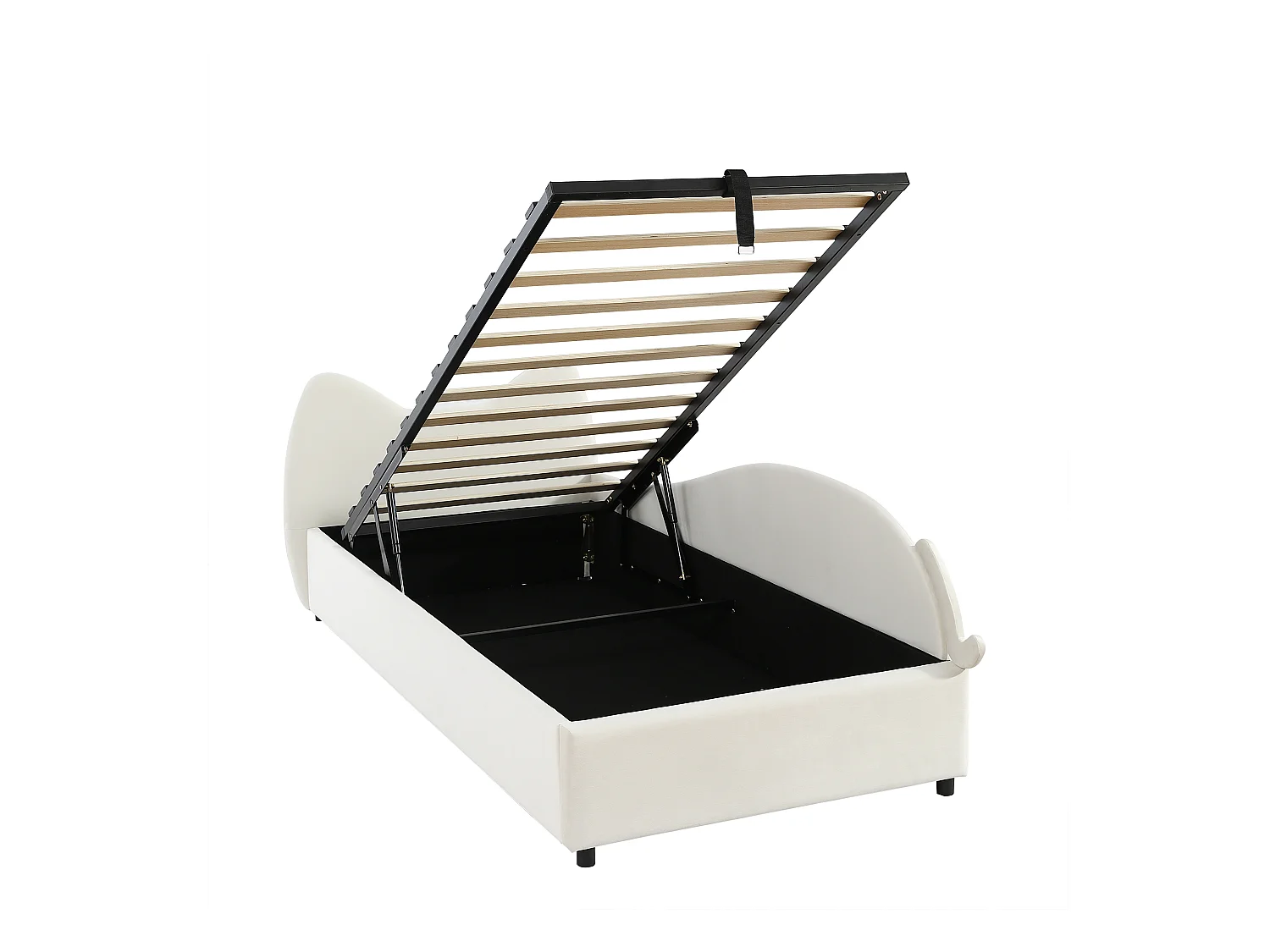 Lit coffre 90 x 200 cm - Lit simple avec tête de lit chat et panneau latéral droit - velours beige