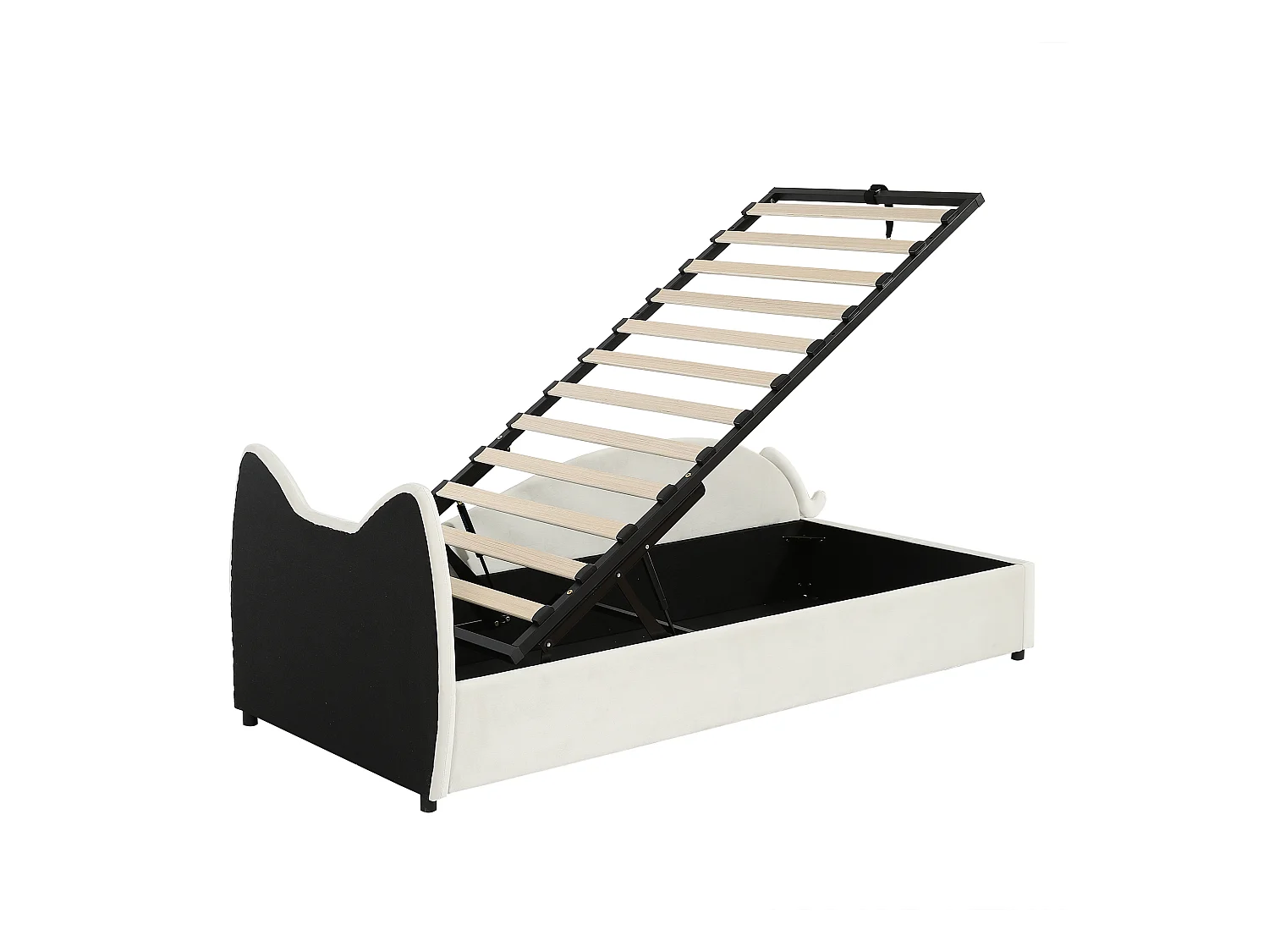 Lit coffre 90 x 200 cm - Lit simple avec tête de lit chat et panneau latéral droit - velours beige