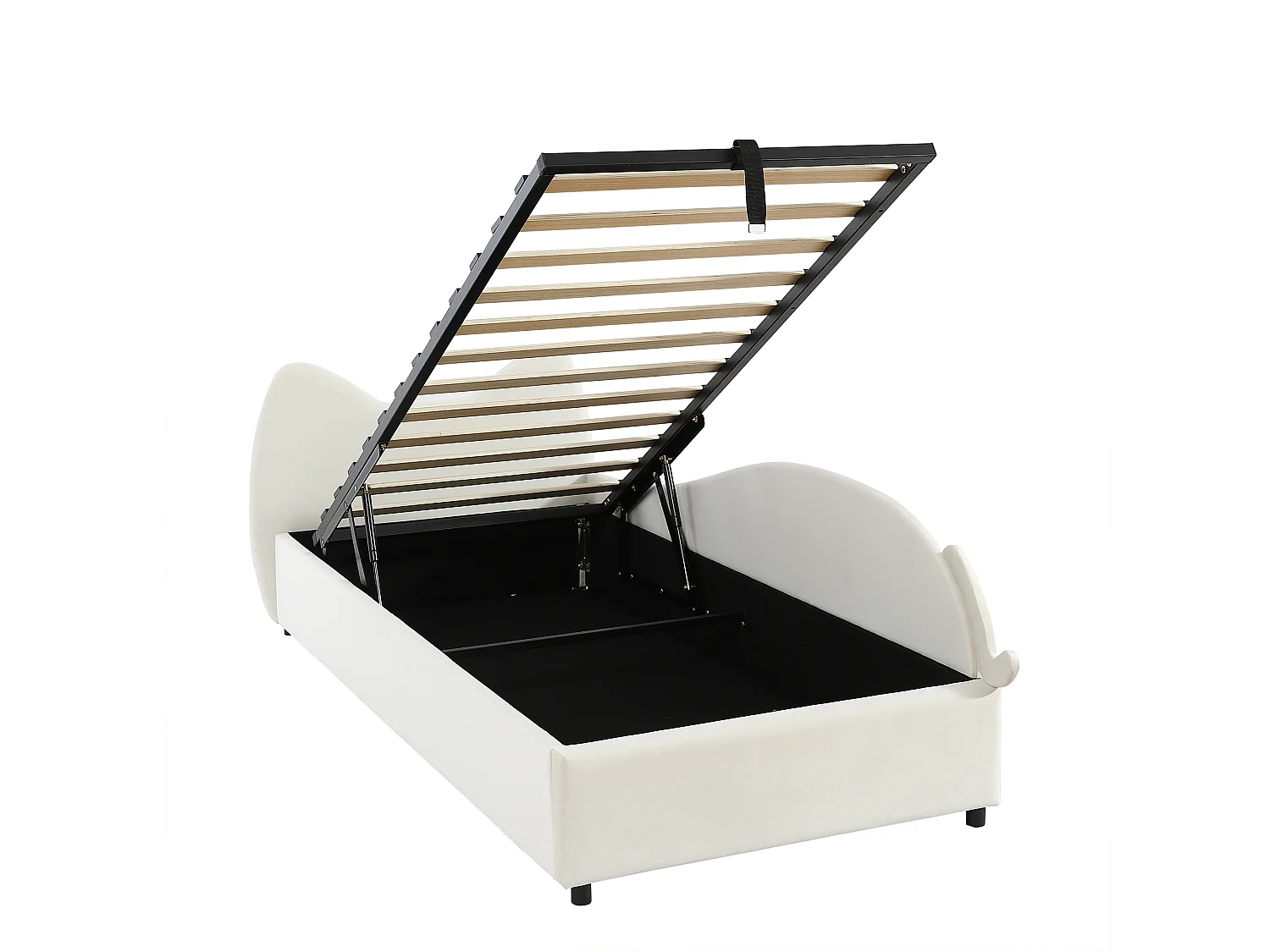 Stauraumbett 90 x 200 cm - Einzelbett mit Katzenkopfteil und rechtem Seitenteil - beiger Samt