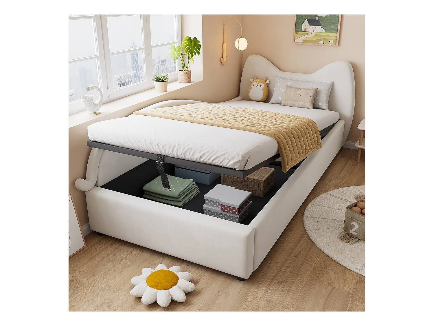 Lit coffre 90 x 200 cm - Lit simple avec tête de lit chat et panneau latéral gauche - velours beige