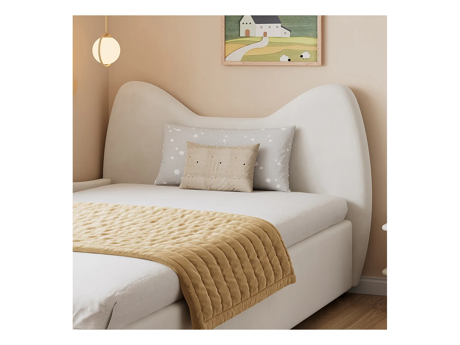 Lit coffre 90 x 200 cm - Lit simple avec tête de lit chat et panneau latéral gauche - velours beige