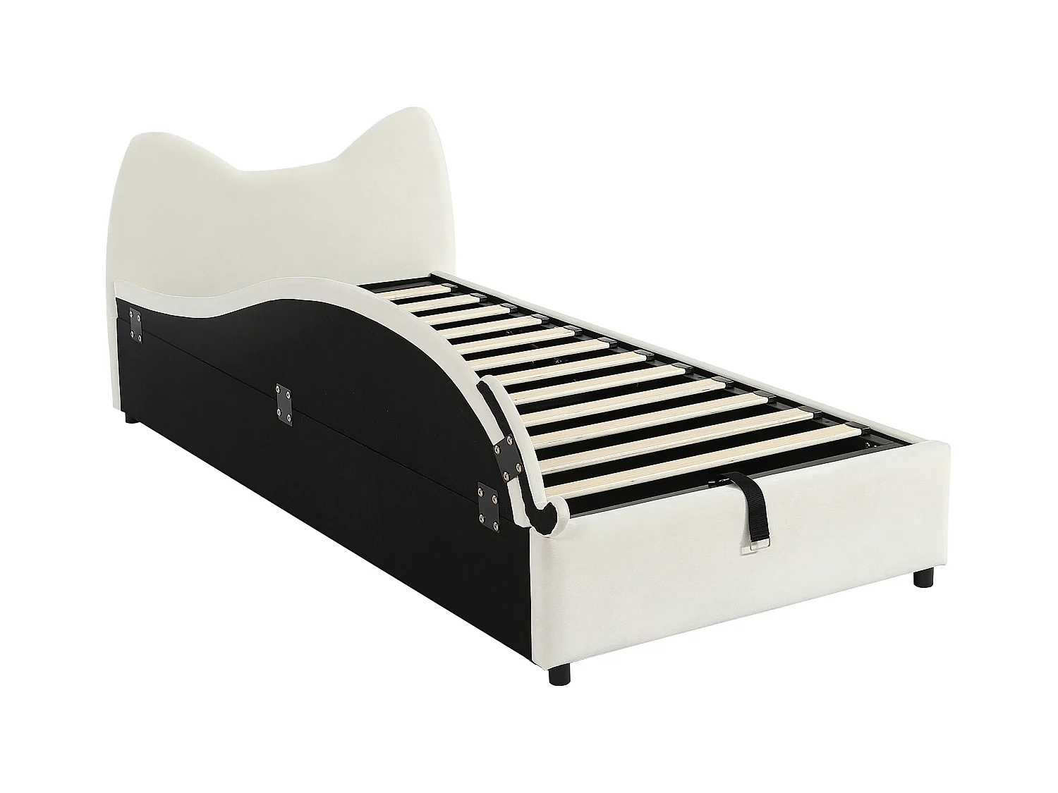 Lit coffre 90 x 200 cm - Lit simple avec tête de lit chat et panneau latéral gauche - velours beige