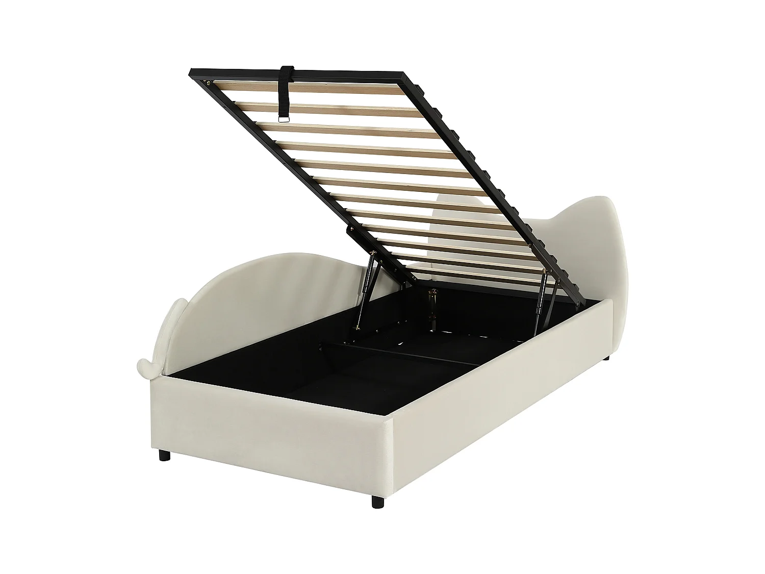 Lit coffre 90 x 200 cm - Lit simple avec tête de lit chat et panneau latéral gauche - velours beige