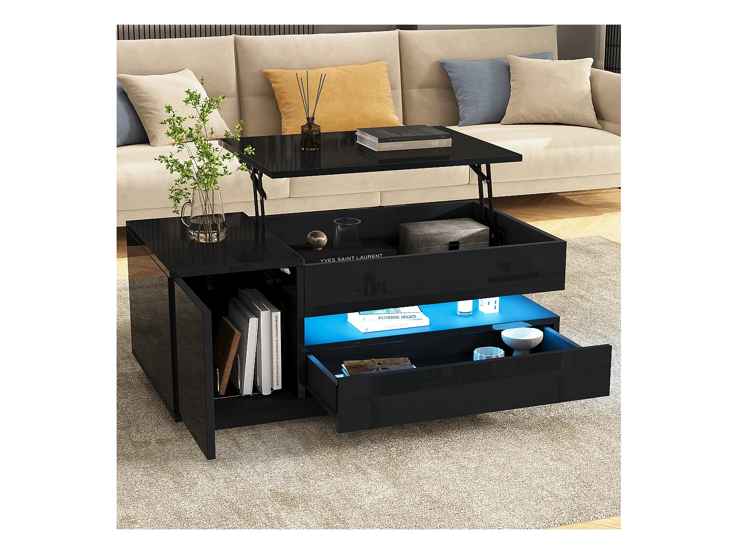 Table basse noire avec plateau relevable - Table basse avec 1 tiroir et 1 porte - éclairage LED et rangement dissimulé