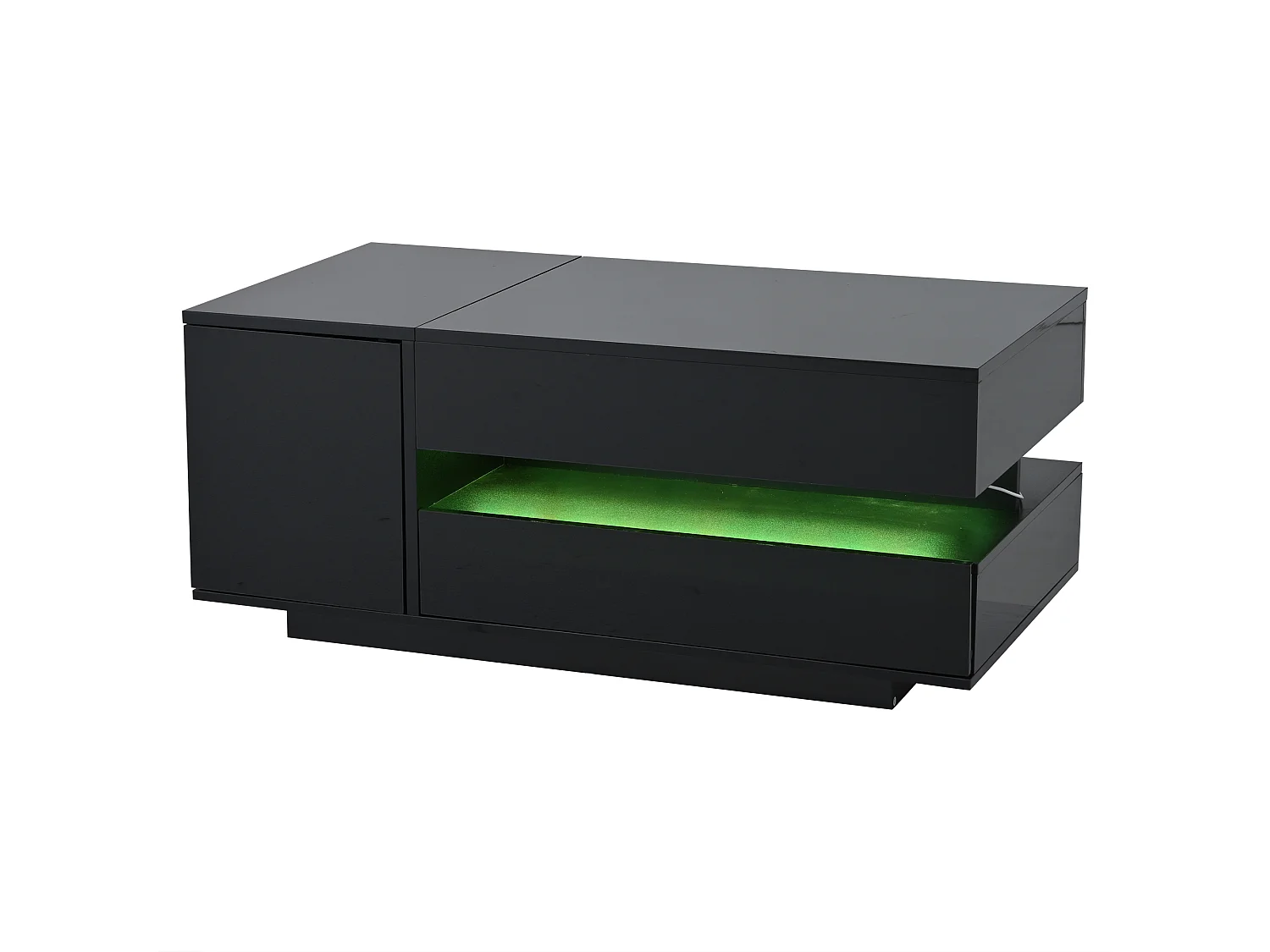 Table basse noire avec plateau relevable - Table basse avec 1 tiroir et 1 porte - éclairage LED et rangement dissimulé