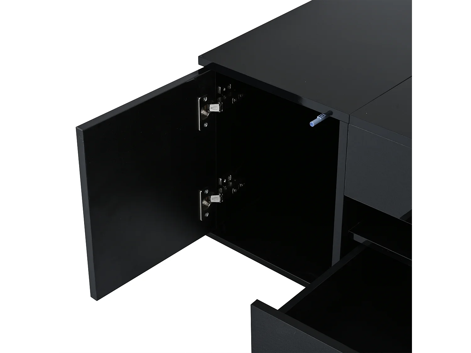 Table basse noire avec plateau relevable - Table basse avec 1 tiroir et 1 porte - éclairage LED et rangement dissimulé