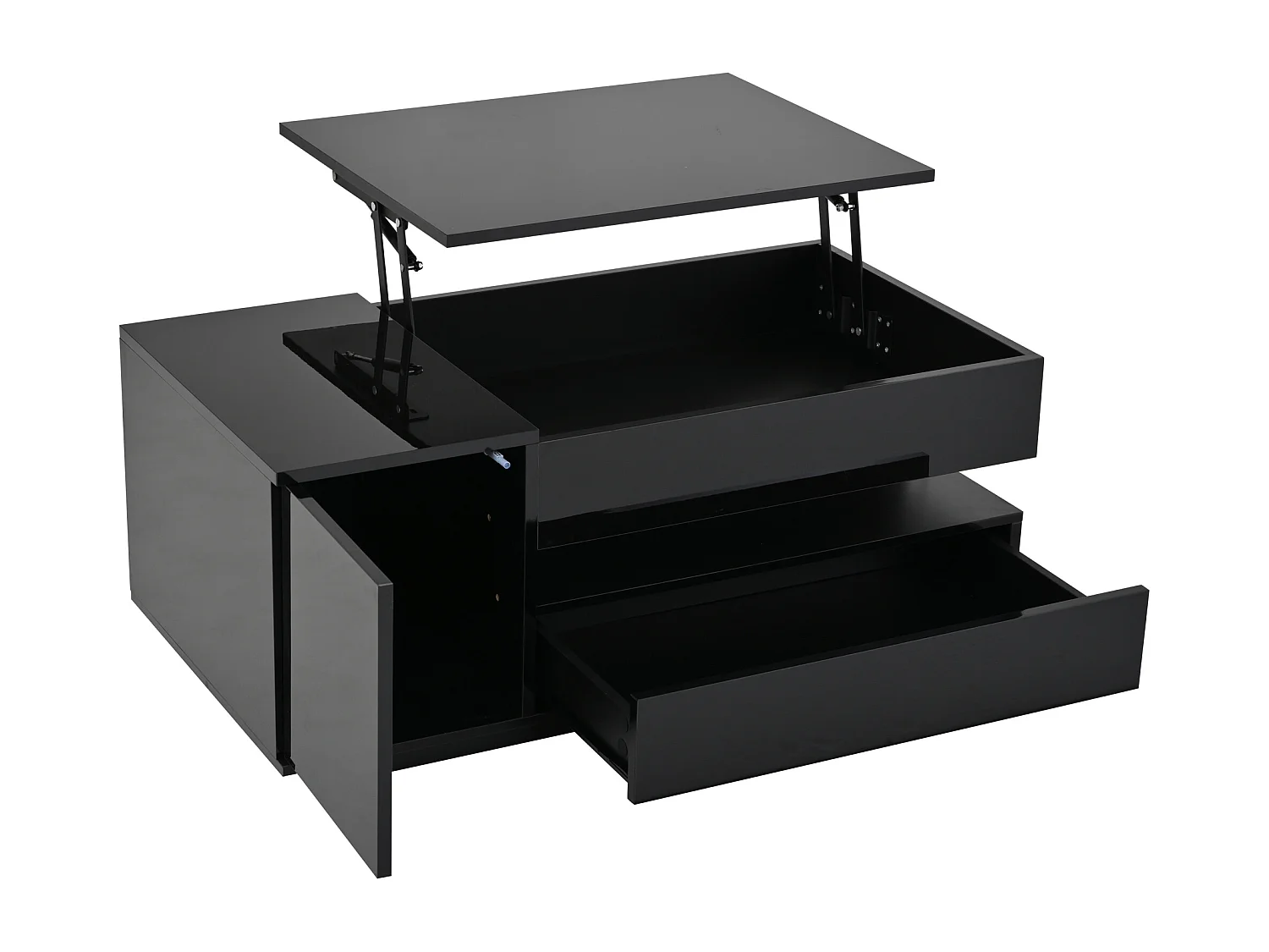Table basse noire avec plateau relevable - Table basse avec 1 tiroir et 1 porte - éclairage LED et rangement dissimulé