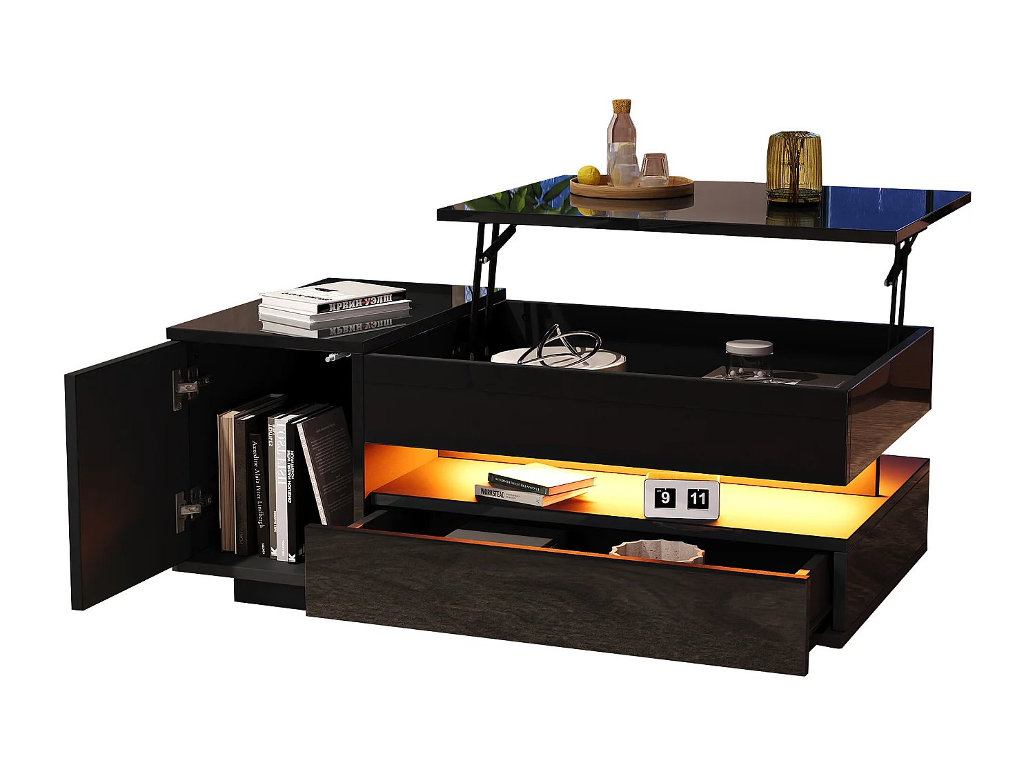 Table basse noire avec plateau relevable - Table basse avec 1 tiroir et 1 porte - éclairage LED et rangement dissimulé