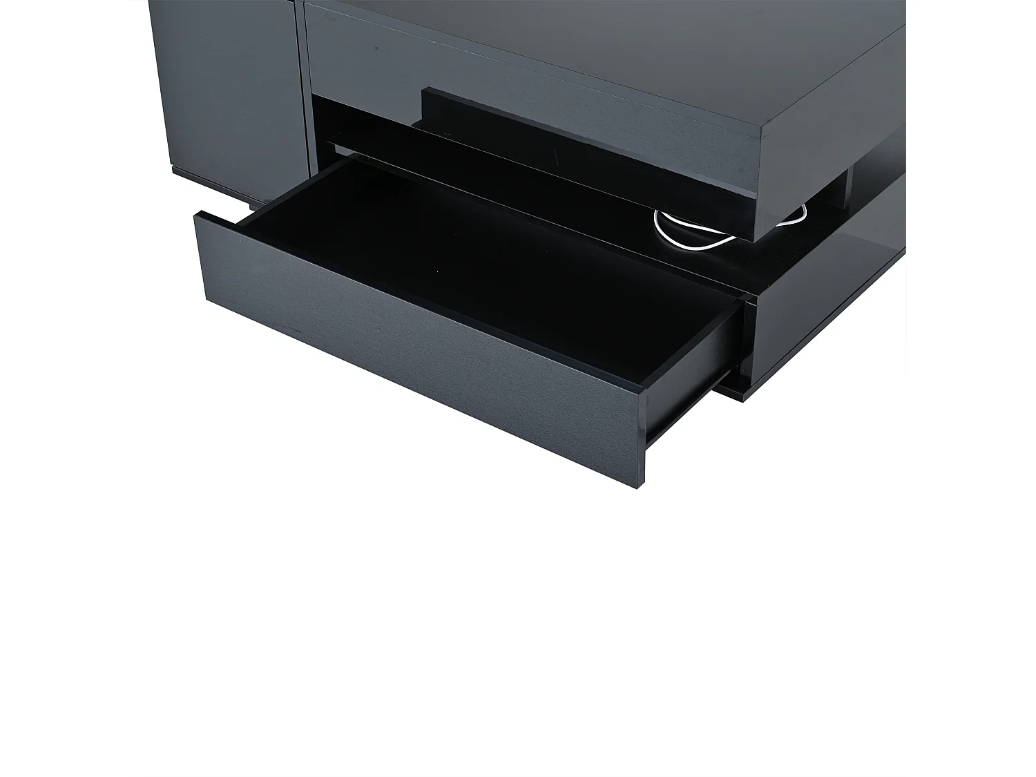 Table basse noire avec plateau relevable - Table basse avec 1 tiroir et 1 porte - éclairage LED et rangement dissimulé