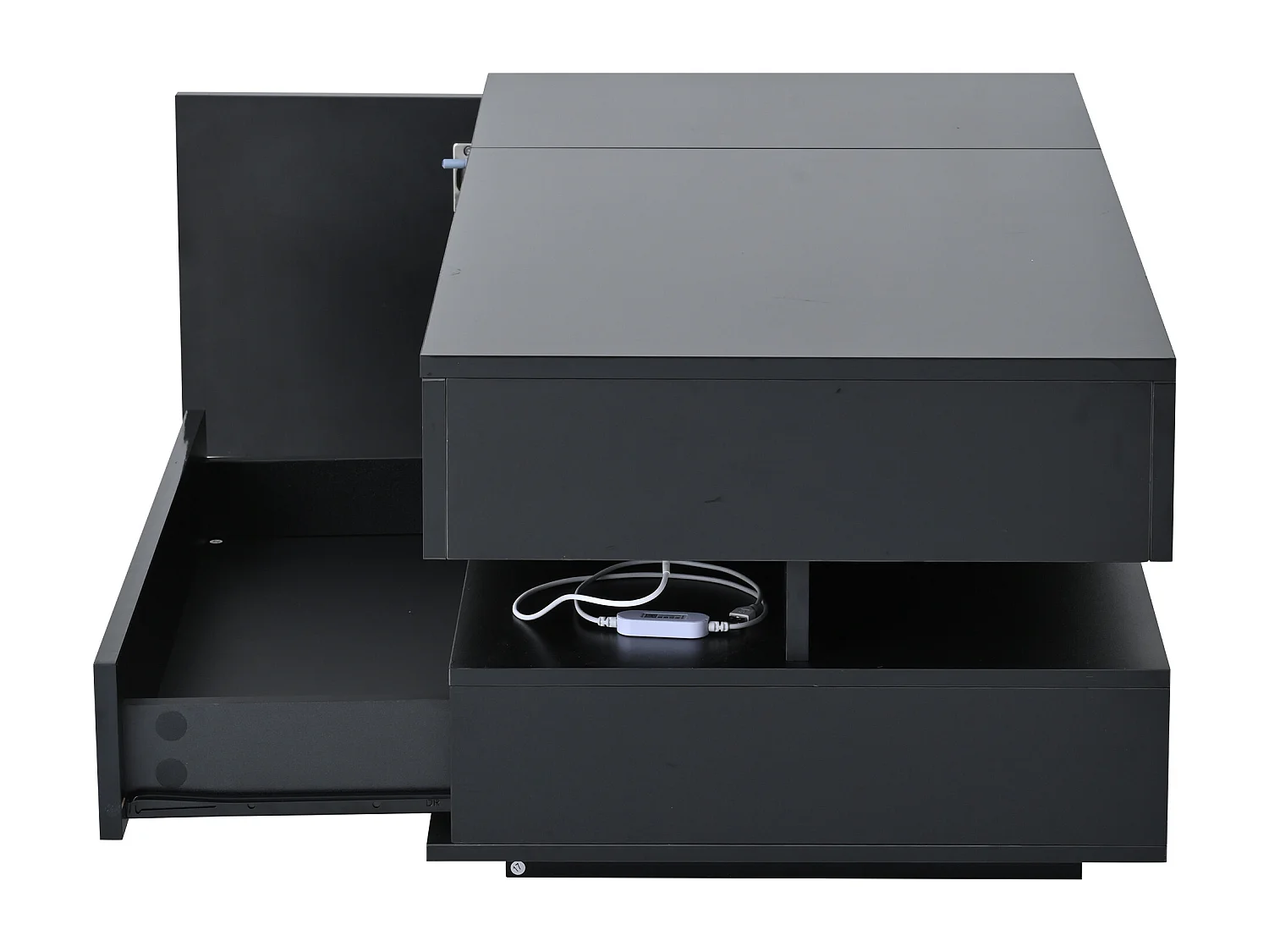 Table basse noire avec plateau relevable - Table basse avec 1 tiroir et 1 porte - éclairage LED et rangement dissimulé