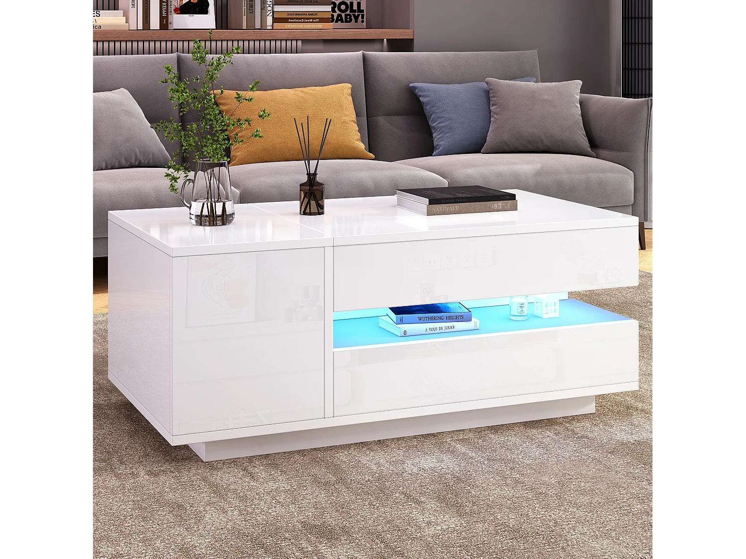 Tavolino bianco con piano sollevabile - Tavolino con 1 cassetto e 1 anta - Illuminazione a LED e spazio nascosto