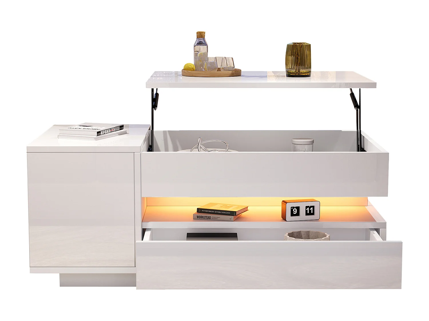 Tavolino bianco con piano sollevabile - Tavolino con 1 cassetto e 1 anta - Illuminazione a LED e spazio nascosto