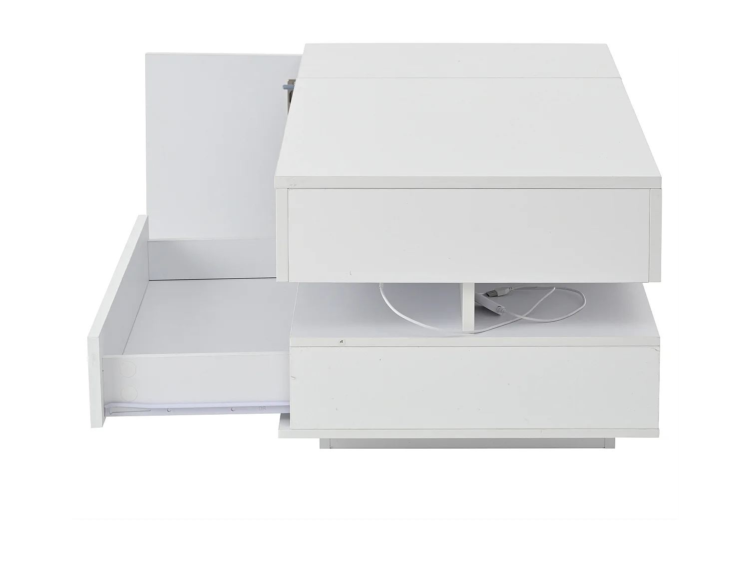 Tavolino bianco con piano sollevabile - Tavolino con 1 cassetto e 1 anta - Illuminazione a LED e spazio nascosto