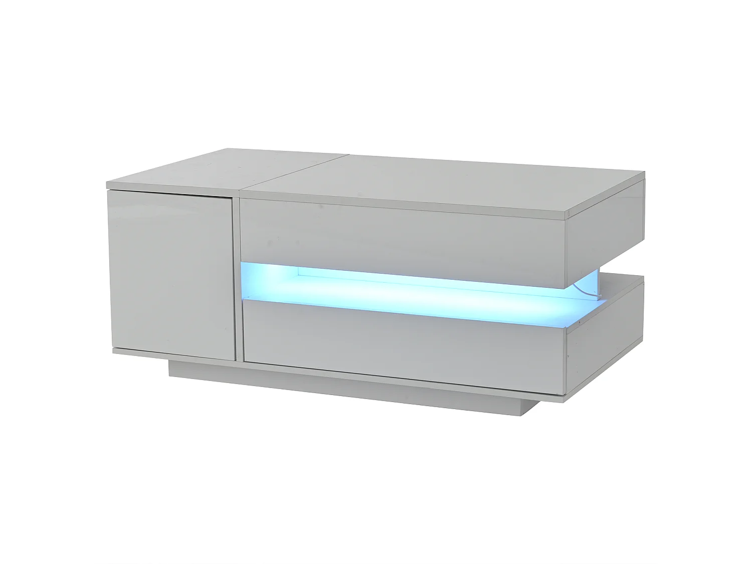 Tavolino bianco con piano sollevabile - Tavolino con 1 cassetto e 1 anta - Illuminazione a LED e spazio nascosto
