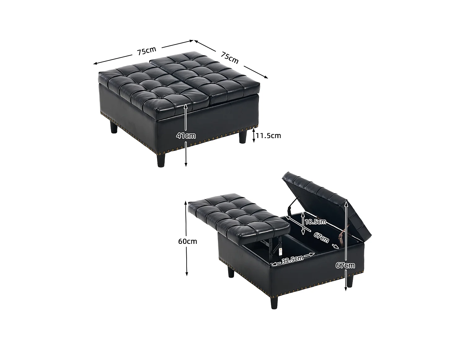 Chaise carrée avec rangement - Banc avec espace de rangement - PU noir