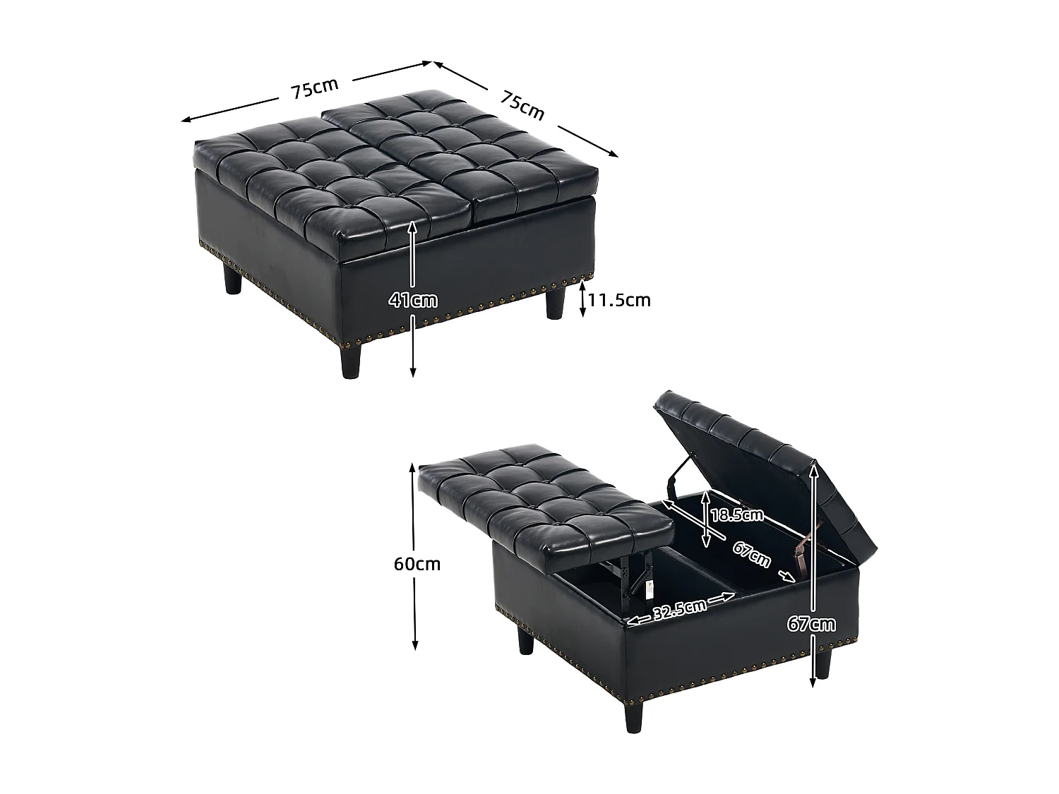Chaise carrée avec rangement - Banc avec espace de rangement - PU noir