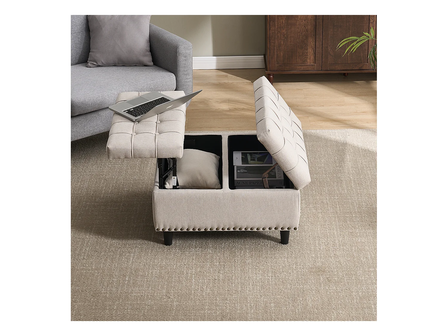 Chaise carrée avec rangement - Banc avec espace de rangement - PU beige