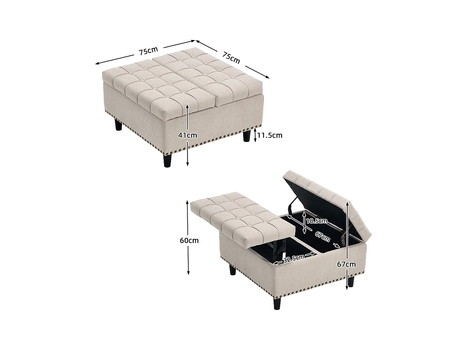 Chaise carrée avec rangement - Banc avec espace de rangement - PU beige