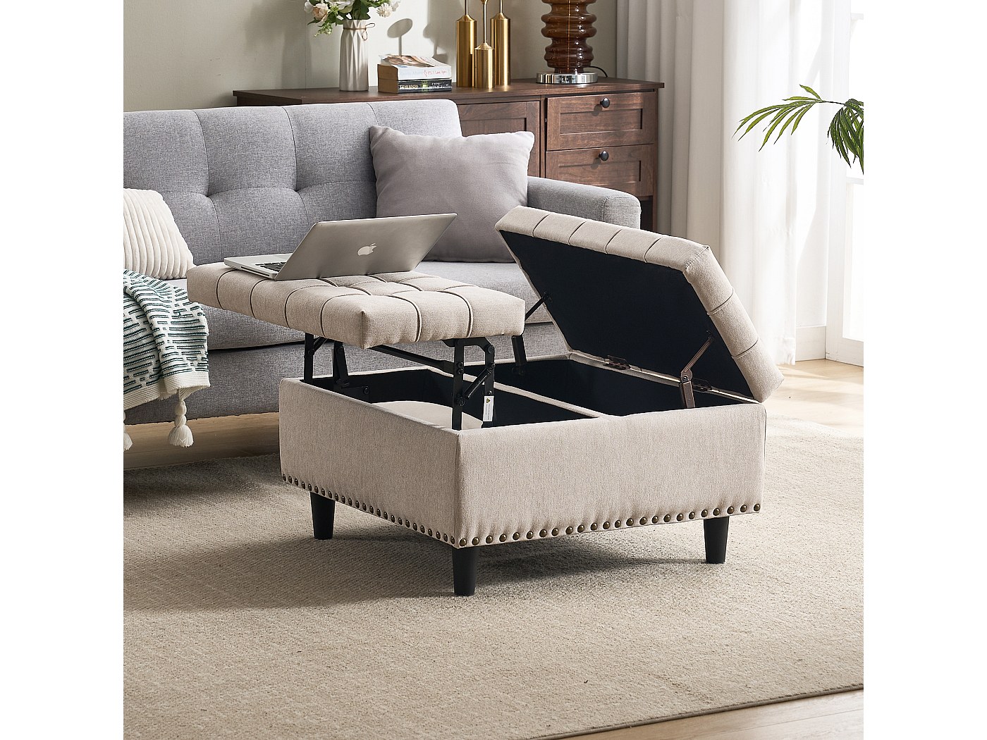 Tbfit Panca Portaoggetti Quadrata 80x80x48 Cm - Imbottita, Grigio Scuro, Con Contenitore Per Giocattoli E Coperte