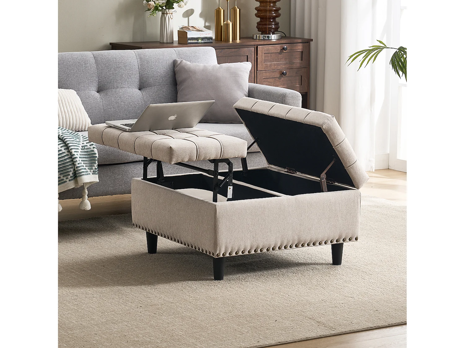 Chaise carrée avec rangement - Banc avec espace de rangement - PU beige