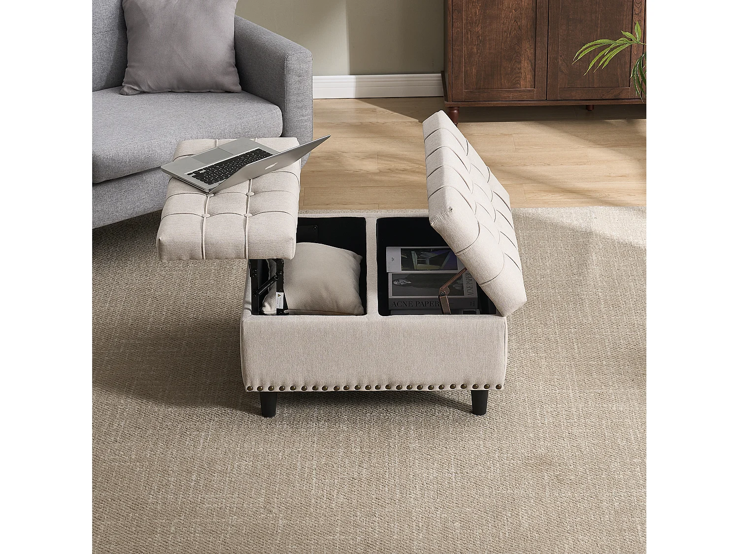 Chaise carrée avec rangement - Banc avec espace de rangement - PU beige