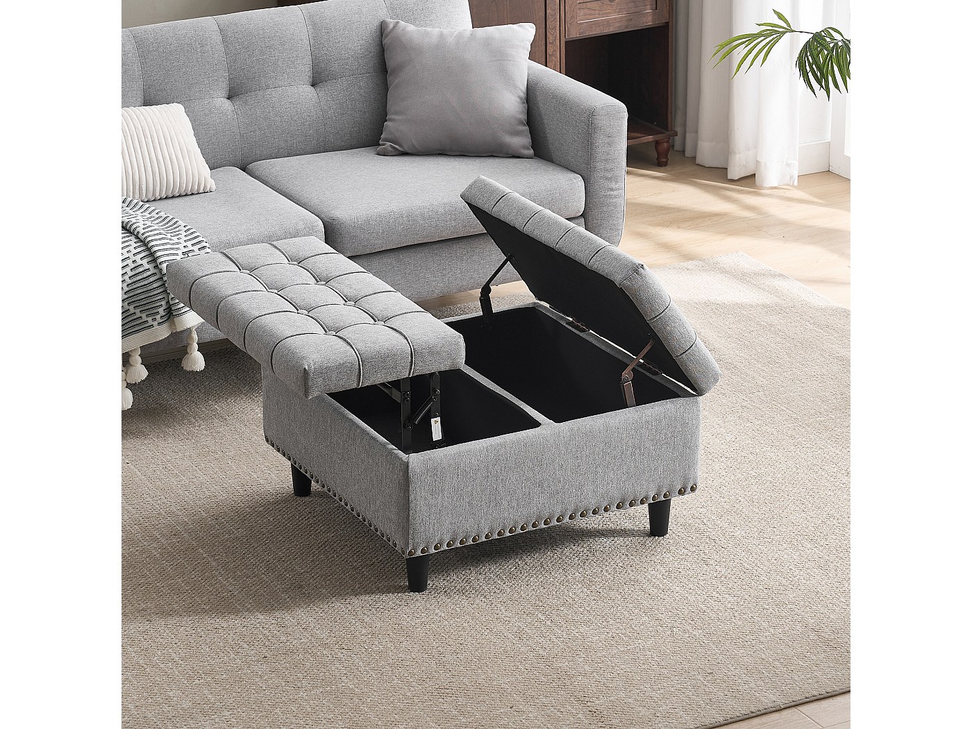 Sgabello con seduta ottomana e contenitore imbottito 44,5 cm grigio