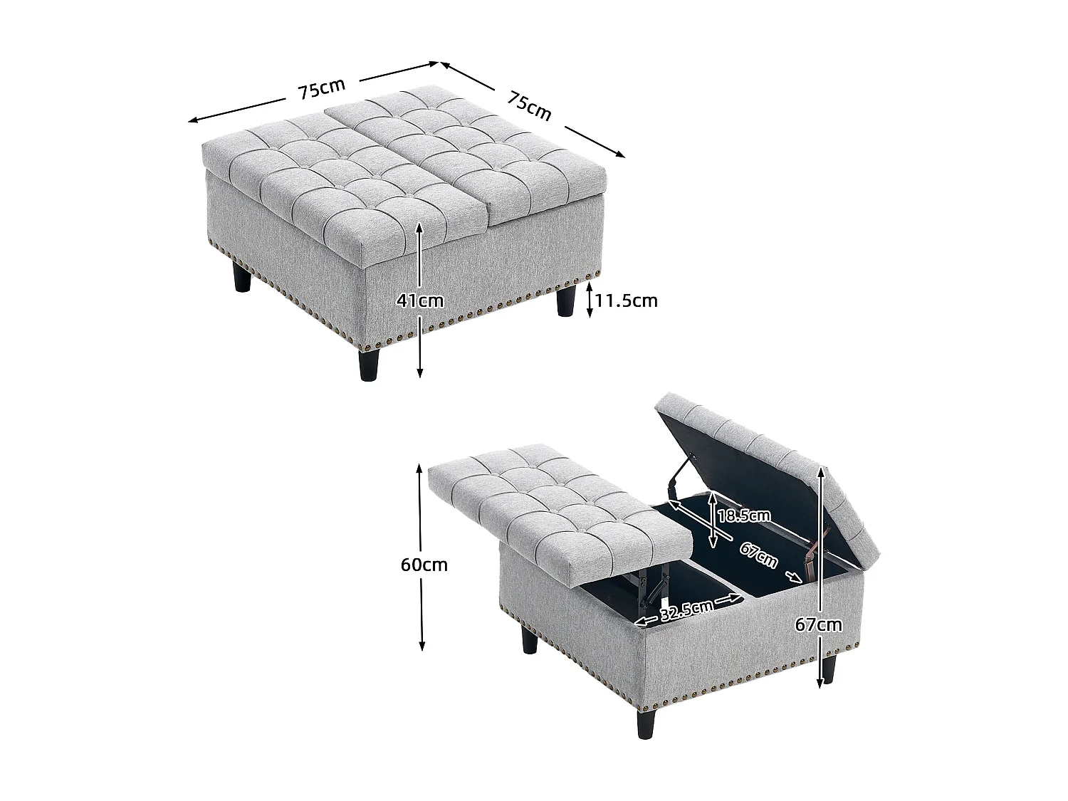 Chaise carrée avec rangement - Banc avec espace de rangement - PU gris