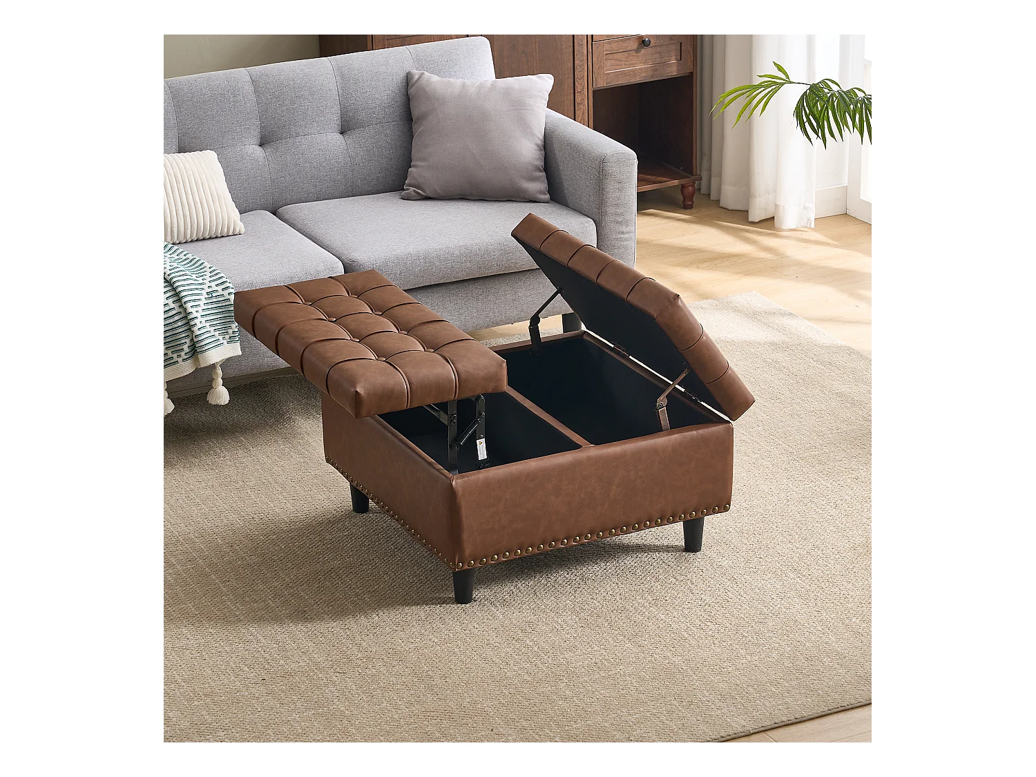 Quadratischer Stuhl mit Stauraum - Bank mit Stauraum - Braunes PU