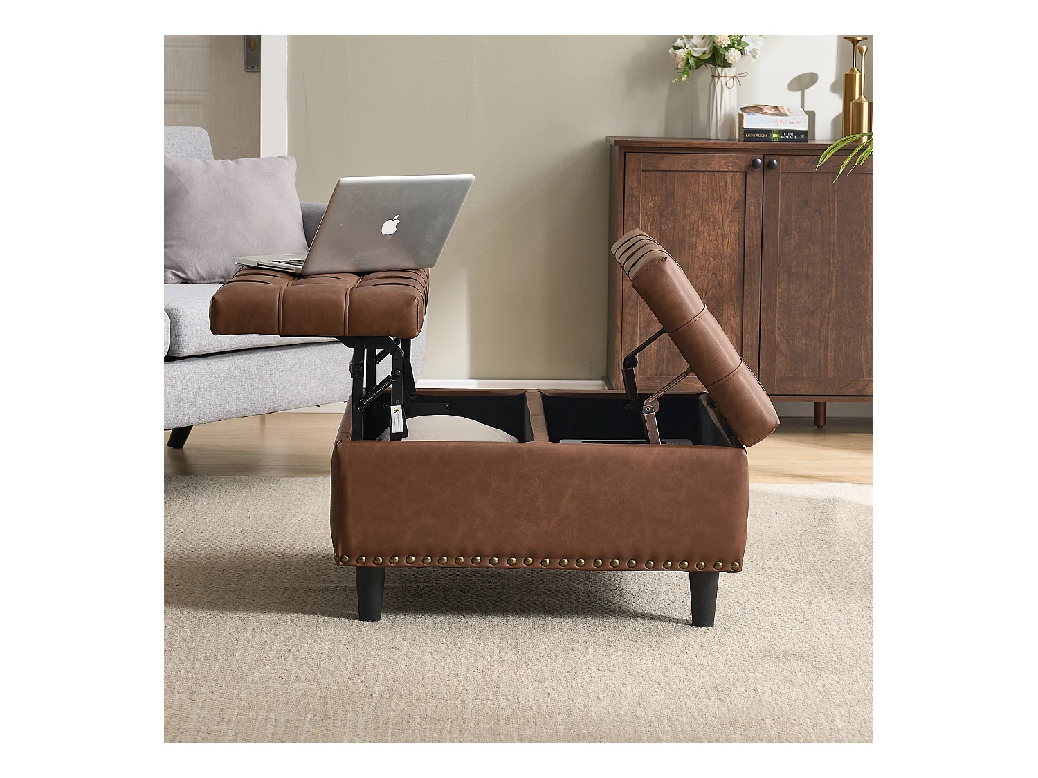 Quadratischer Stuhl mit Stauraum - Bank mit Stauraum - Braunes PU