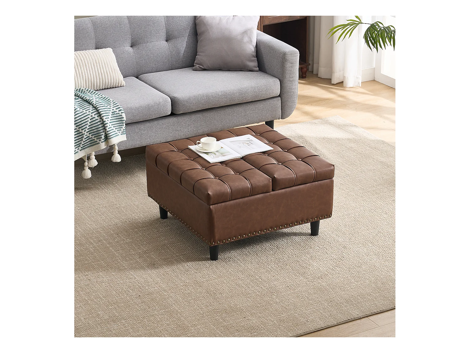Chaise carrée avec rangement - Banc avec espace de rangement - PU marron