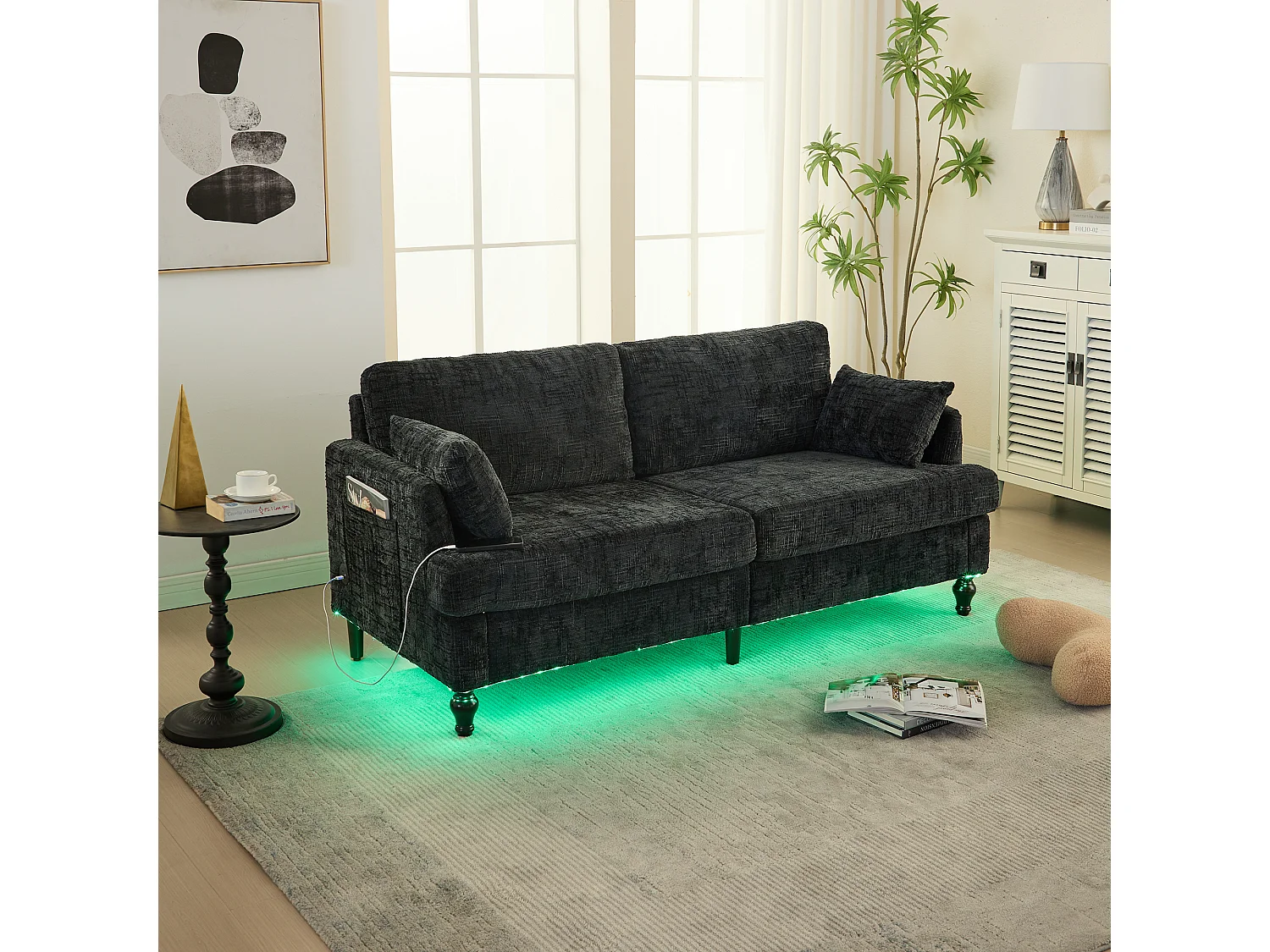 Canapé 2 places noir en chenille - Canapé droit avec rangement et éclairage LED - port de charge USB et pieds en bois