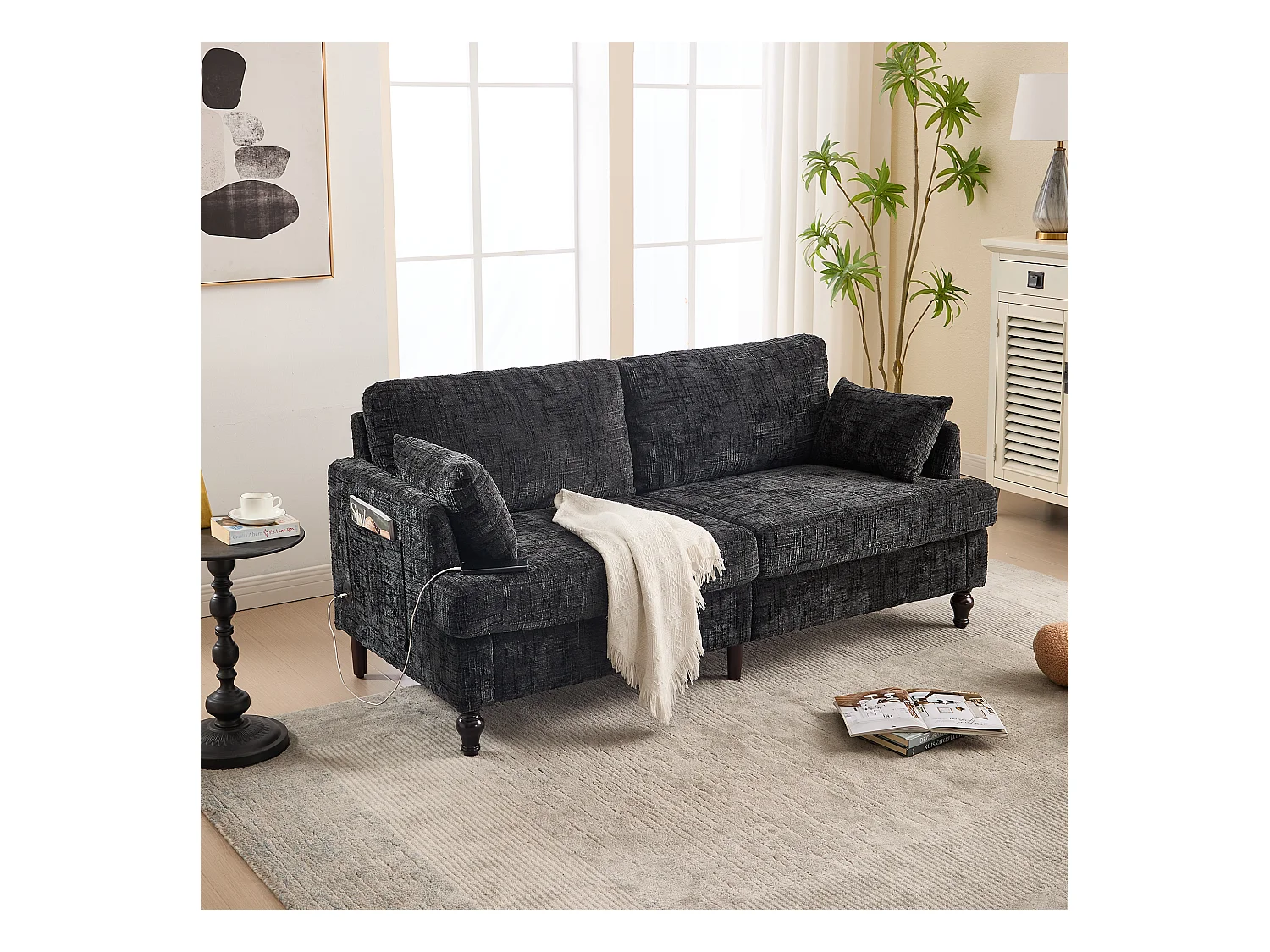 Canapé 2 places noir en chenille - Canapé droit avec rangement et éclairage LED - port de charge USB et pieds en bois