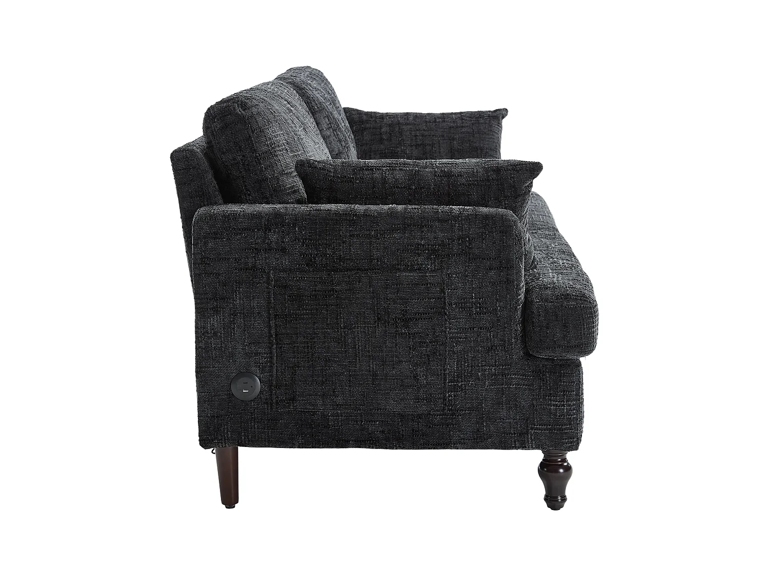 Canapé 2 places noir en chenille - Canapé droit avec rangement et éclairage LED - port de charge USB et pieds en bois