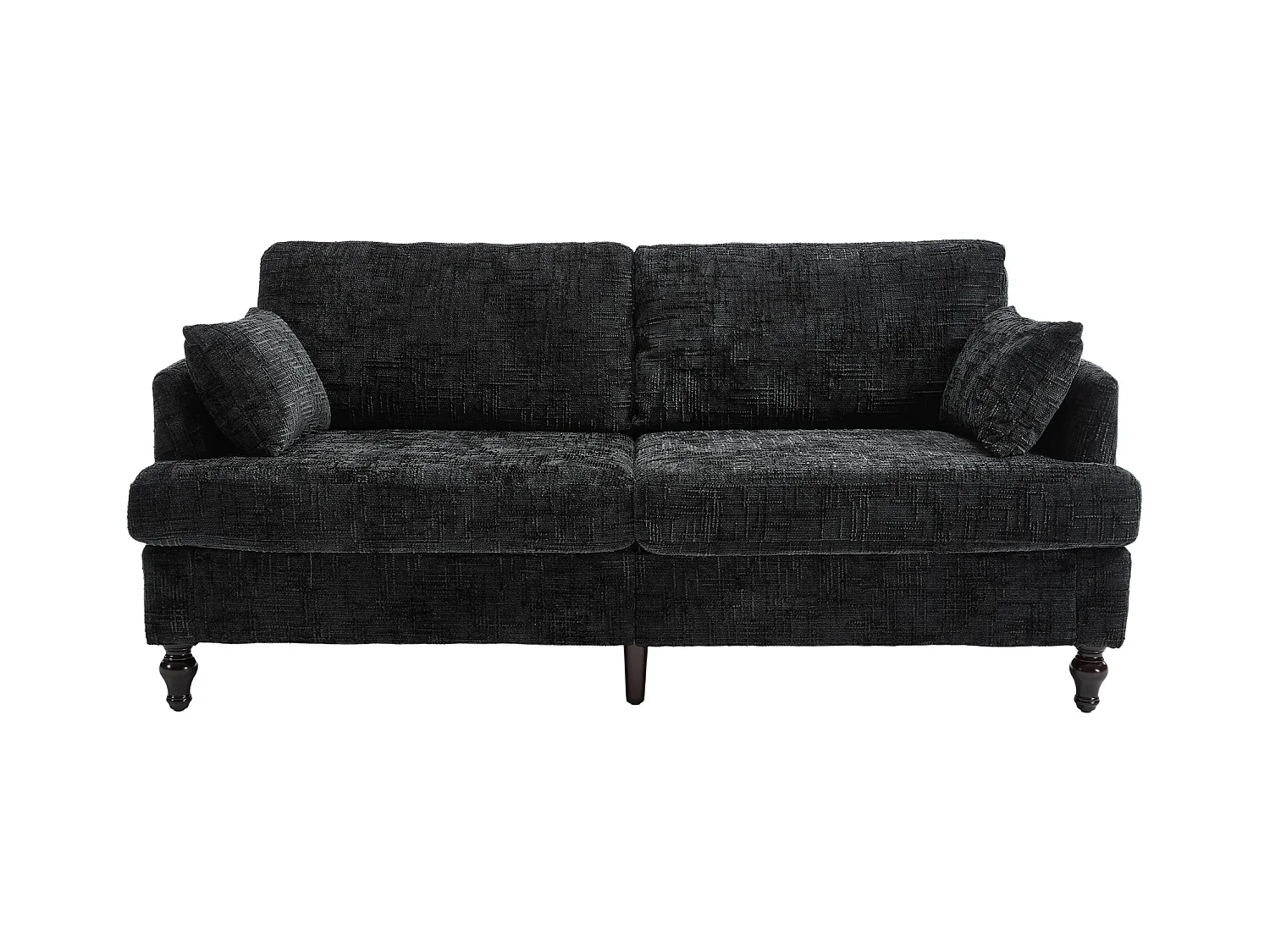 Canapé 2 places noir en chenille - Canapé droit avec rangement et éclairage LED - port de charge USB et pieds en bois