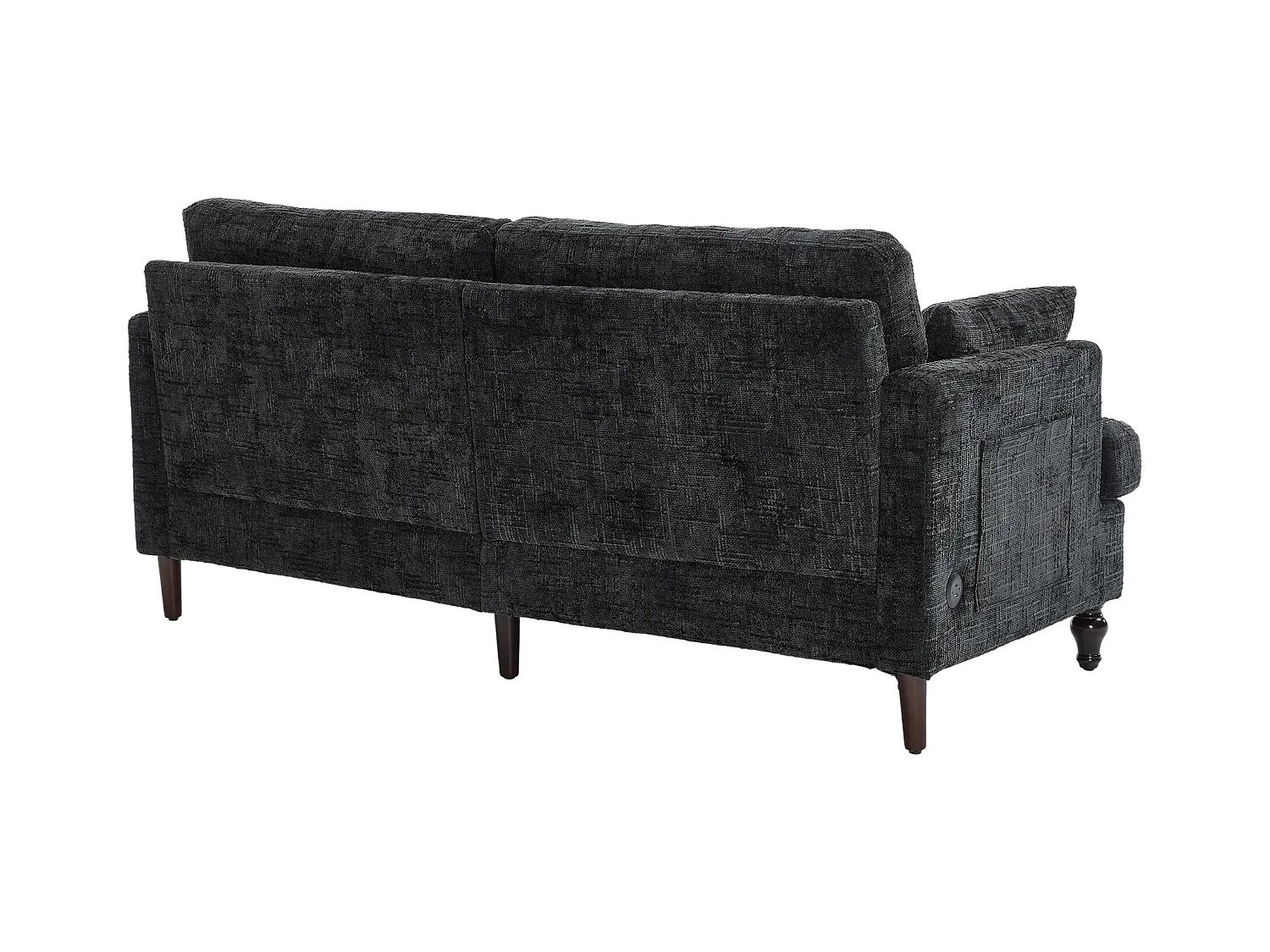 Canapé 2 places noir en chenille - Canapé droit avec rangement et éclairage LED - port de charge USB et pieds en bois