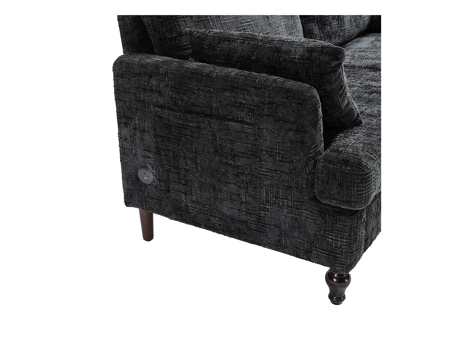 Canapé 2 places noir en chenille - Canapé droit avec rangement et éclairage LED - port de charge USB et pieds en bois