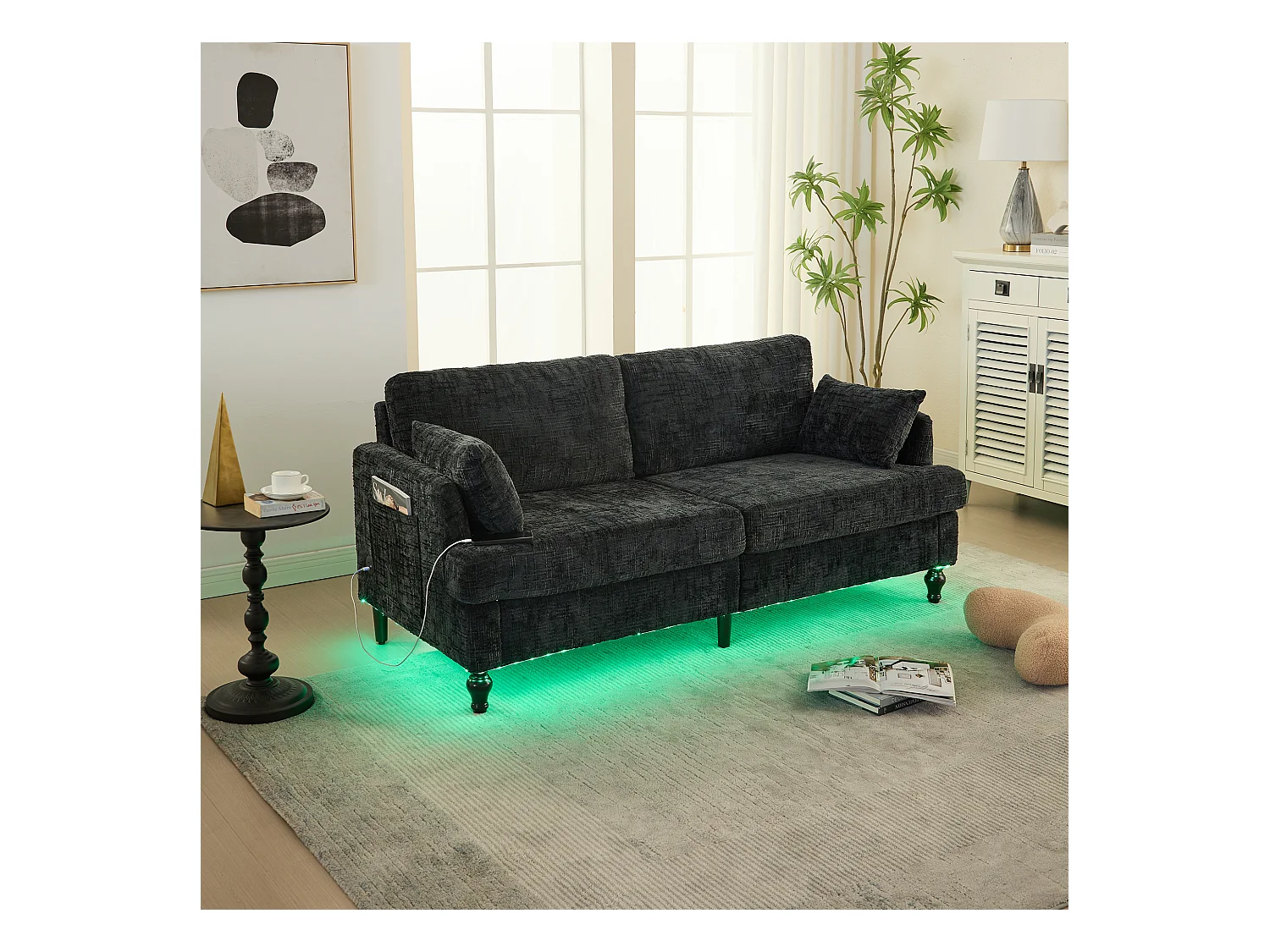 Canapé 2 places noir en chenille - Canapé droit avec rangement et éclairage LED - port de charge USB et pieds en bois
