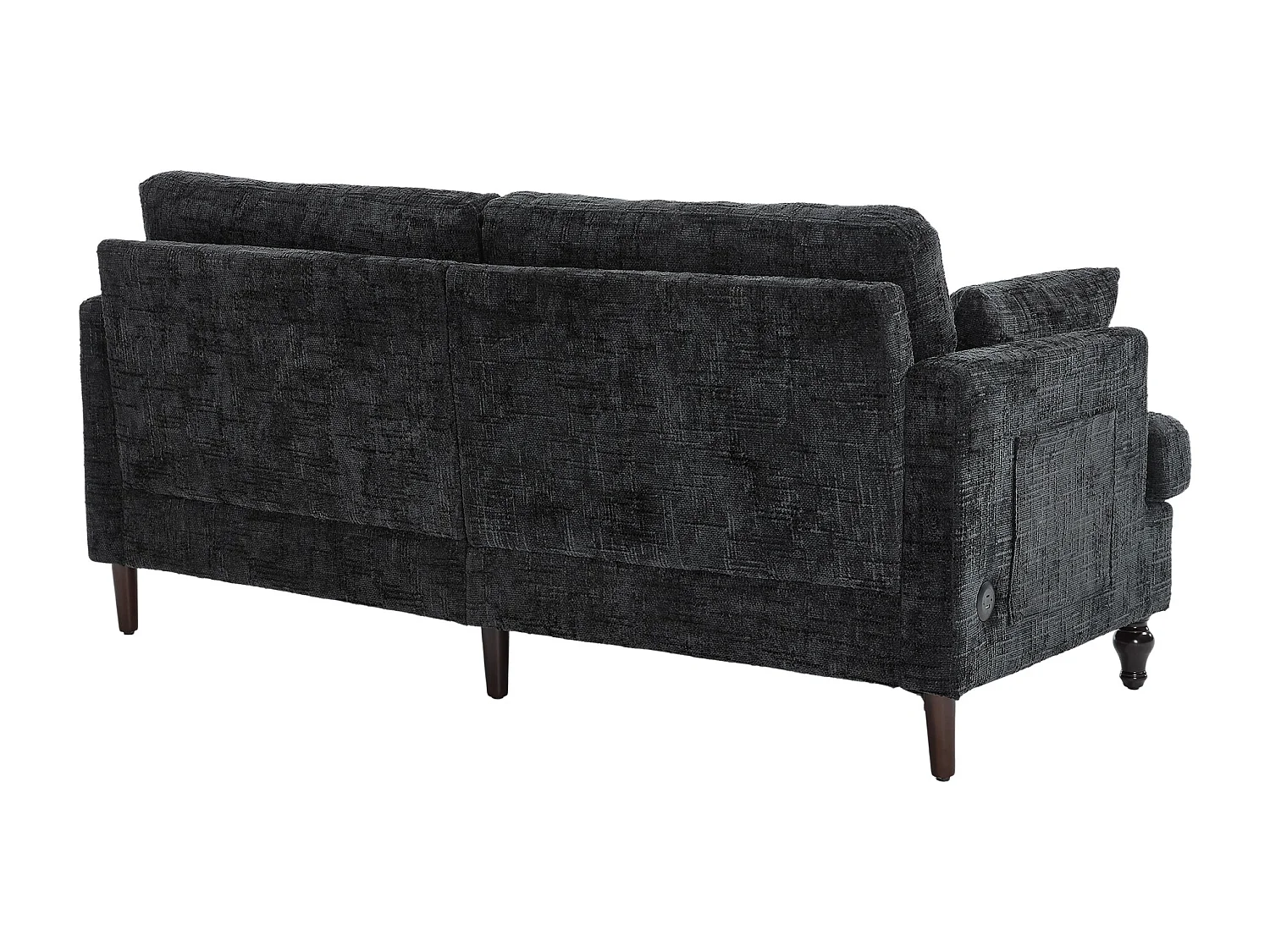 Sofá de 2 plazas de chenilla negra - Sofá recto con almacenaje e iluminación LED - Puerto de carga USB y patas de madera