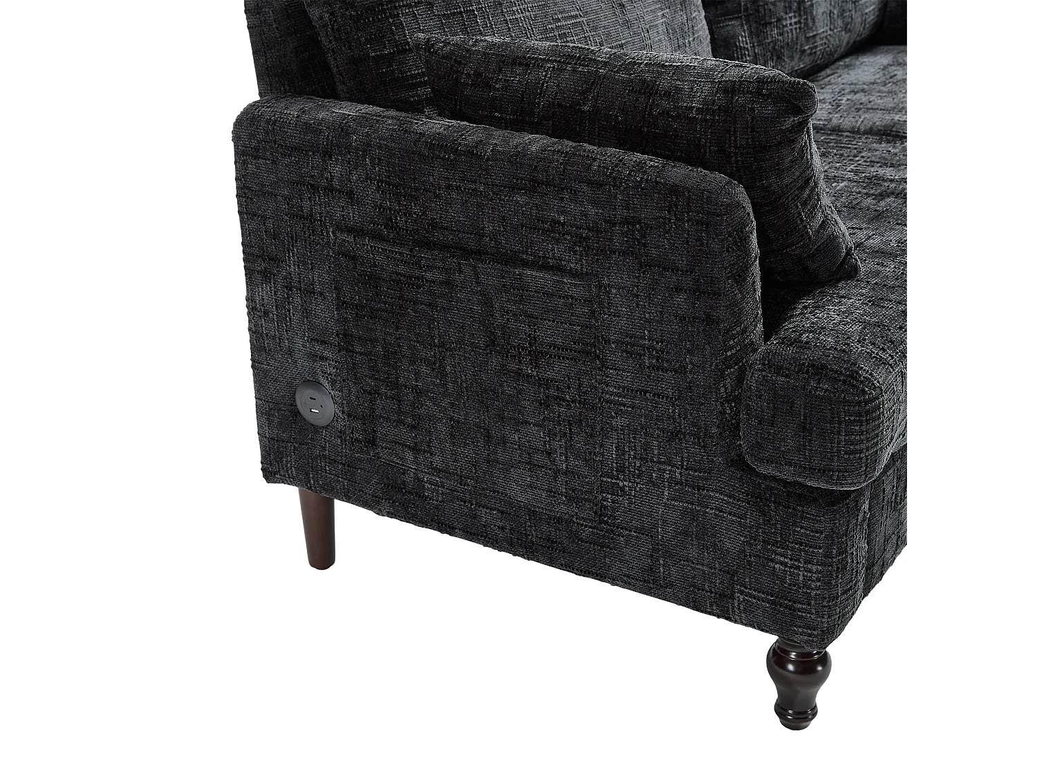 Sofá de 2 plazas de chenilla negra - Sofá recto con almacenaje e iluminación LED - Puerto de carga USB y patas de madera