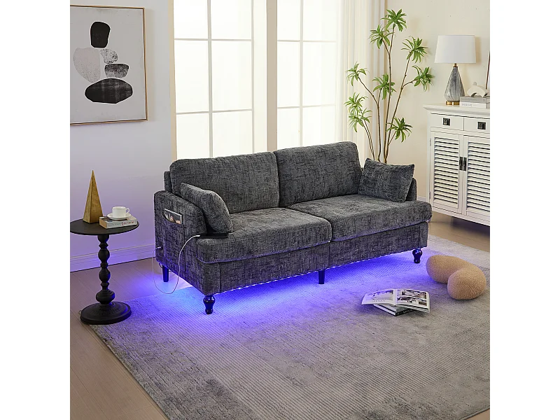 Sofá de 2 plazas de chenilla gris - Sofá recto con almacenaje e iluminación LED - Puerto de carga USB y patas de madera